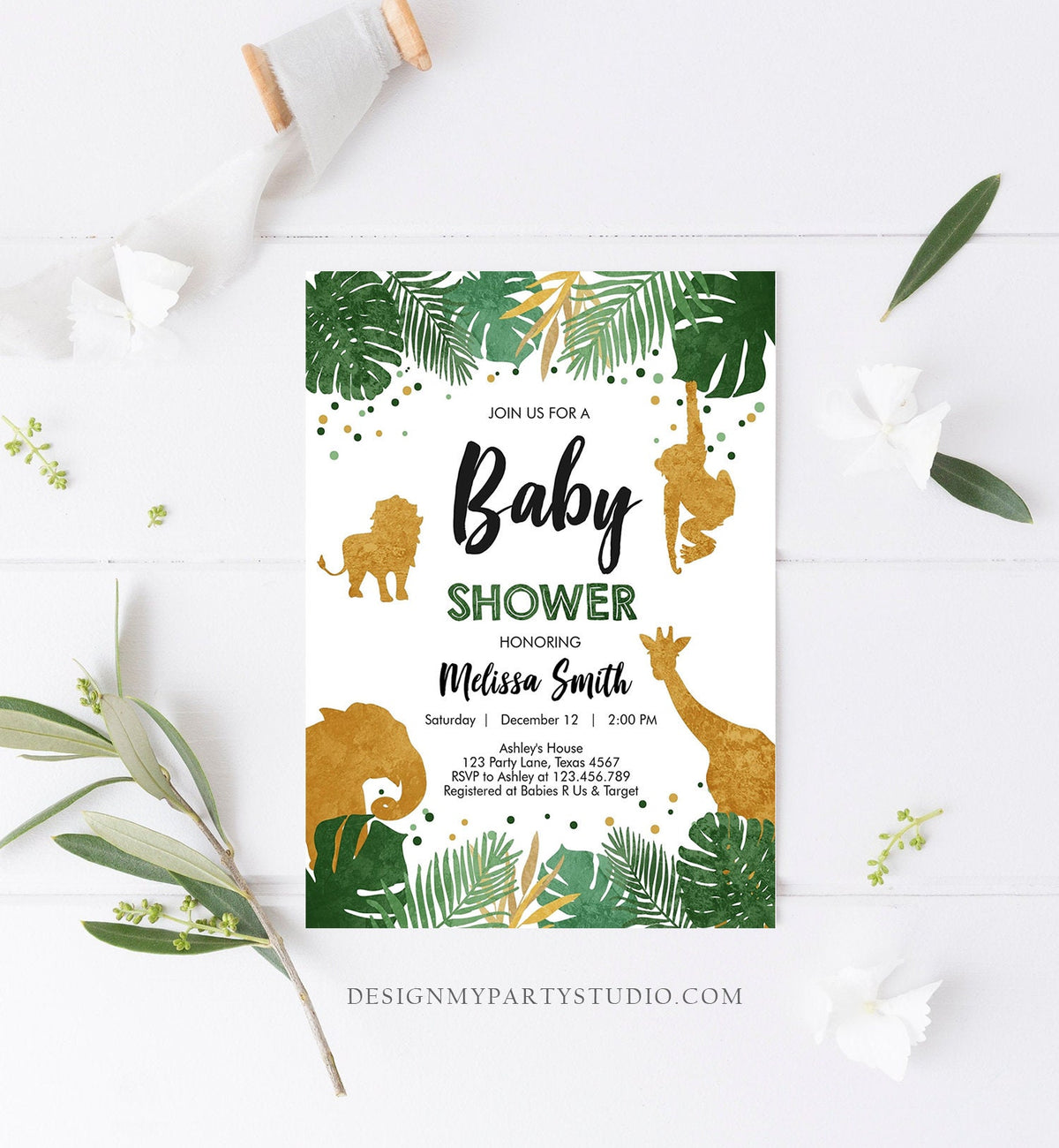 Editable Safari Animals Baby Shower Invitation Wild One Jungle Zoo Wild Animals Black Gold Boy Corjl Template Instant Download Digital 0016