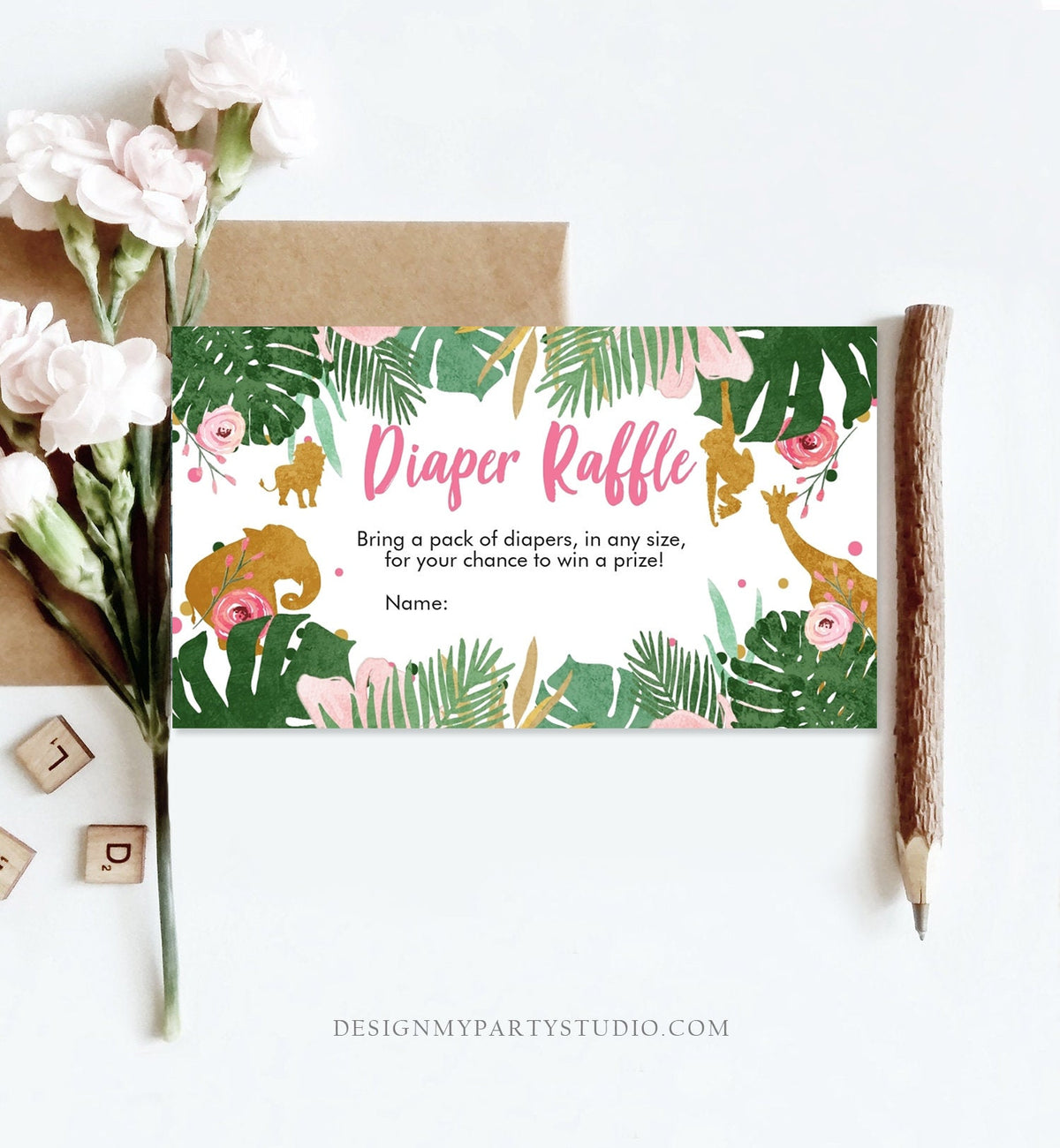 Editable Safari Animals Diaper Raffle Ticket Baby Shower Diaper Game Wild One Pink Gold Jungle Girl Animals Corjl Template Printable 0016