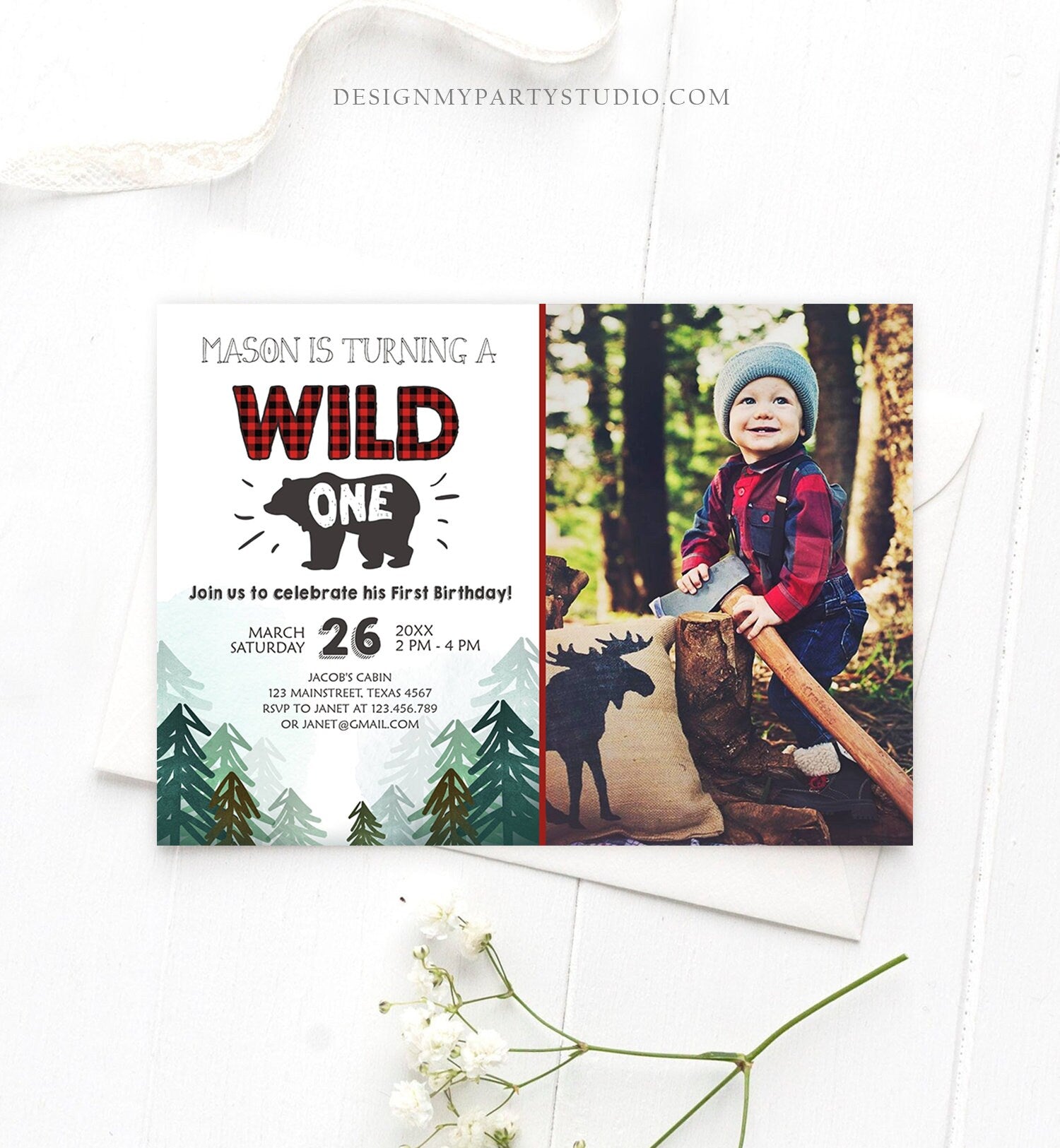 Editable Lumberjack Wild One Birthday Invitation First Birthday Forest Trees Red Plaid Outdoor Bear Boy 1st Printable Corjl Template 0377
