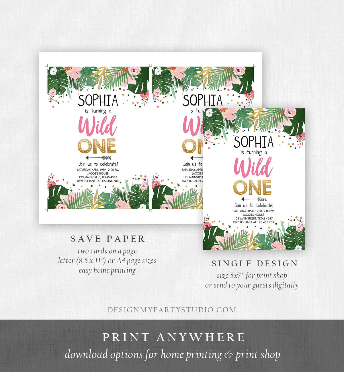 Editable Wild One Birthday Invitation Girl Safari Jungle Zoo Tropical Party Leaves Pink Gold First Birthday 1st Corjl Template 0332