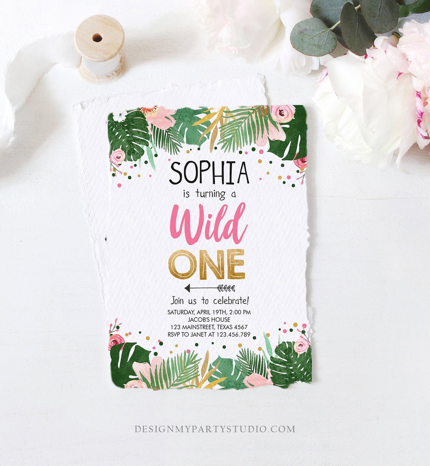 Editable Wild One Birthday Invitation Girl Safari Jungle Zoo Tropical Party Leaves Pink Gold First Birthday 1st Corjl Template 0332