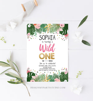 Editable Wild One Birthday Invitation Girl Safari Jungle Zoo Tropical Party Leaves Pink Gold First Birthday 1st Corjl Template 0332