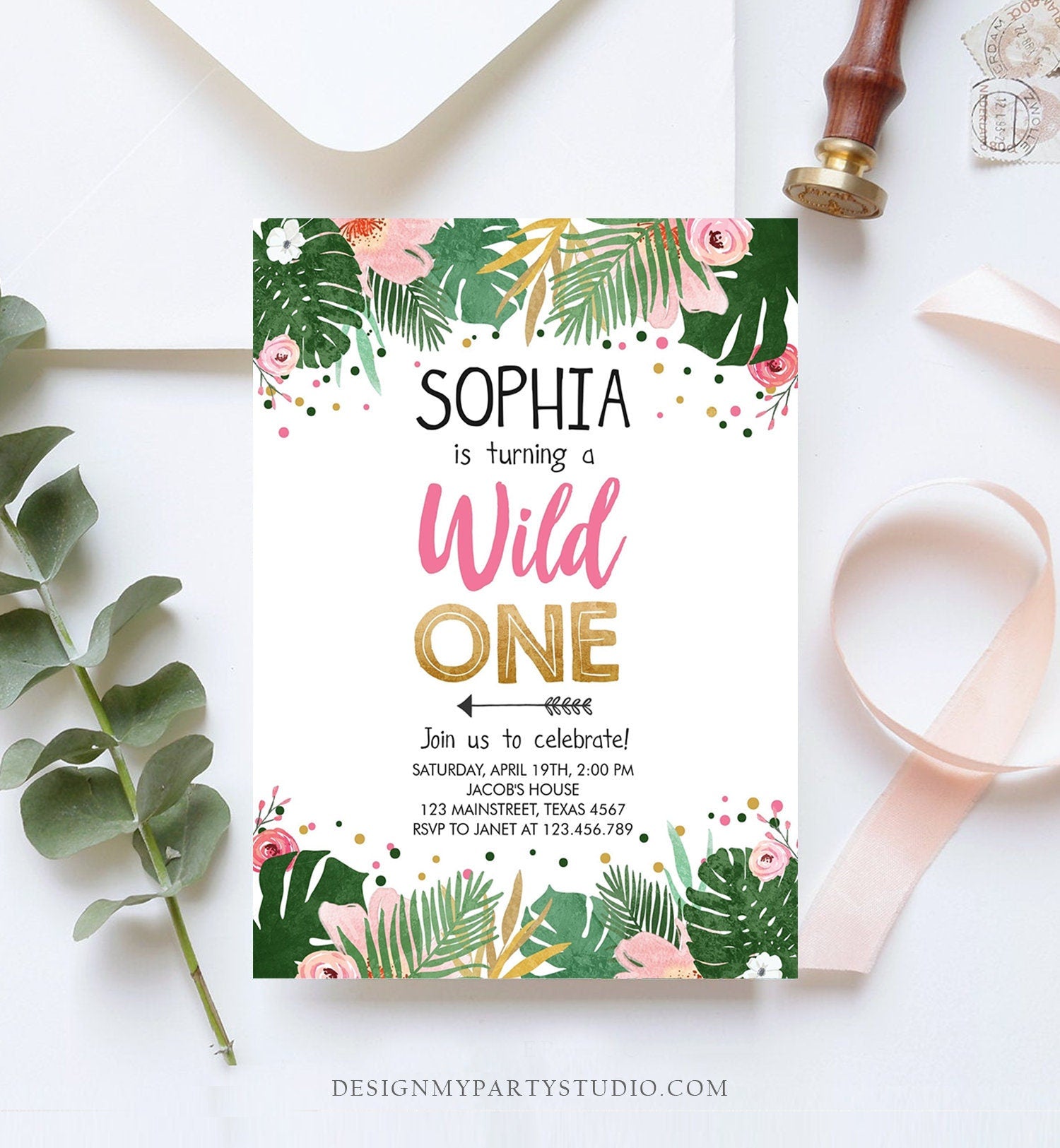 Editable Wild One Birthday Invitation Girl Safari Jungle Zoo Tropical Party Leaves Pink Gold First Birthday 1st Corjl Template 0332