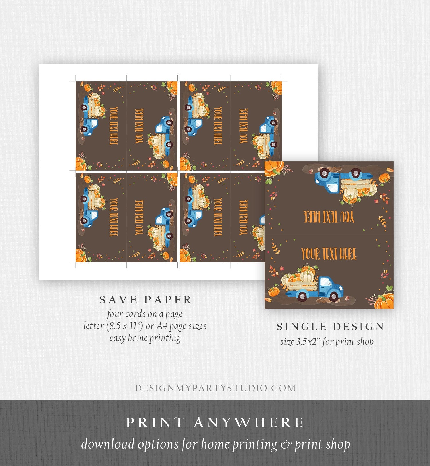 Editable Pumpkin Food Labels Pumpkin Truck Birthday Place Card Fall Harvest Autumn Tent Card Shower Blue Boy Corjl Printable Template 0153