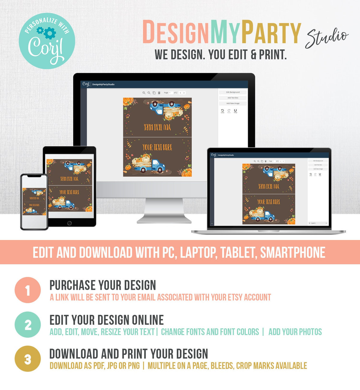 Editable Pumpkin Food Labels Pumpkin Truck Birthday Place Card Fall Harvest Autumn Tent Card Shower Blue Boy Corjl Printable Template 0153