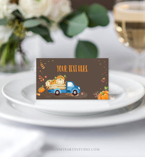 Editable Pumpkin Food Labels Pumpkin Truck Birthday Place Card Fall Harvest Autumn Tent Card Shower Blue Boy Corjl Printable Template 0153