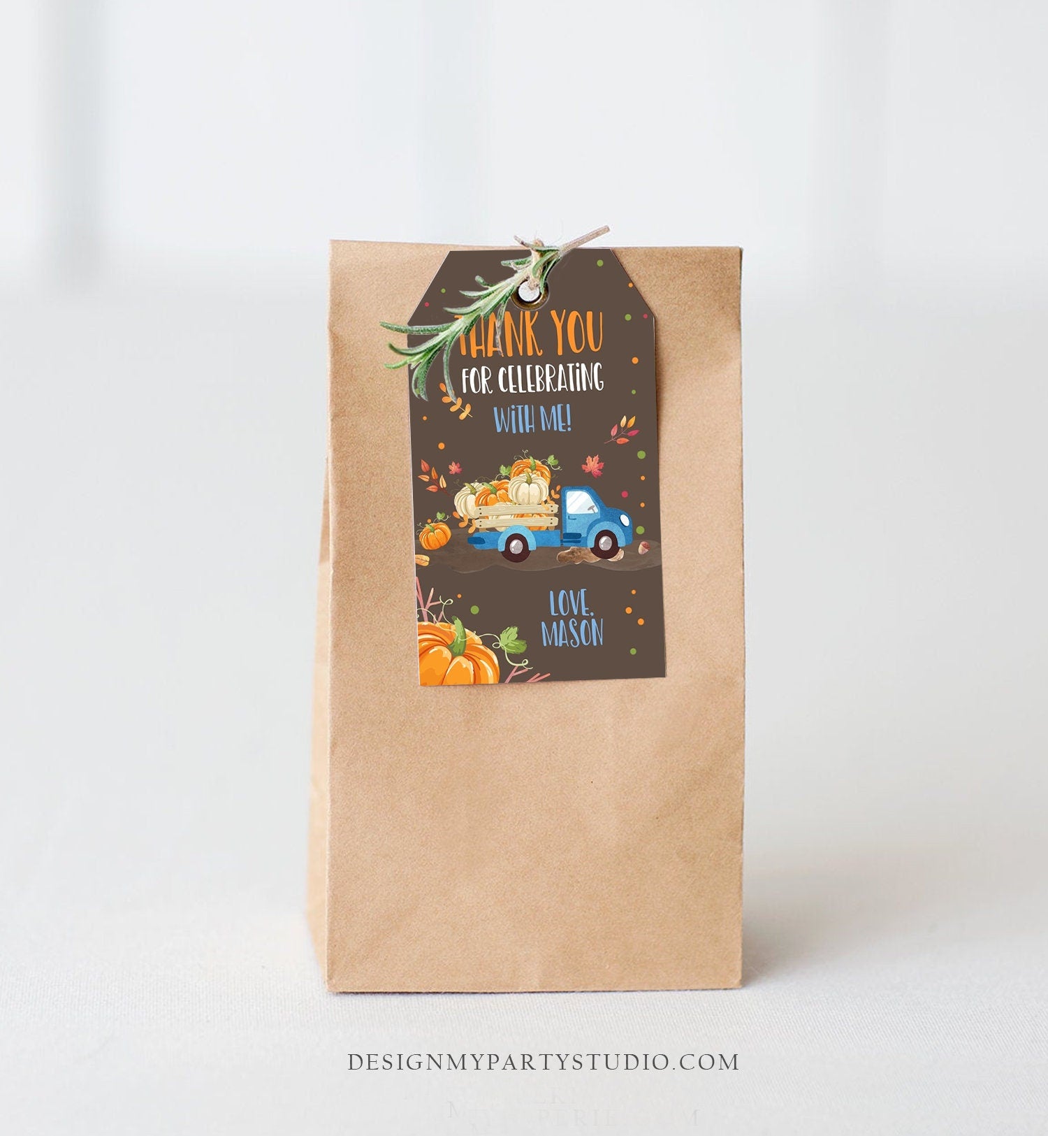 Editable Pumpkin Favor Tags Pumpkin Truck Thank you Tags Fall Autumn Label Pumpkin Birthday Boy Blue Fall Harvest Corjl Template 0153