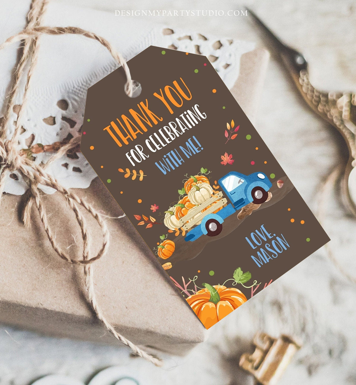 Editable Pumpkin Favor Tags Pumpkin Truck Thank you Tags Fall Autumn Label Pumpkin Birthday Boy Blue Fall Harvest Corjl Template 0153
