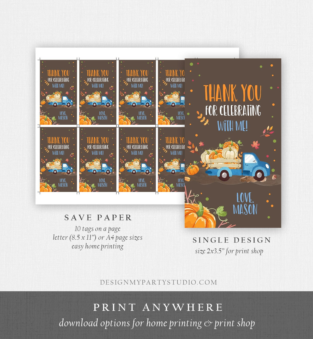 Editable Pumpkin Favor Tags Pumpkin Truck Thank you Tags Fall Autumn Label Pumpkin Birthday Boy Blue Fall Harvest Corjl Template 0153