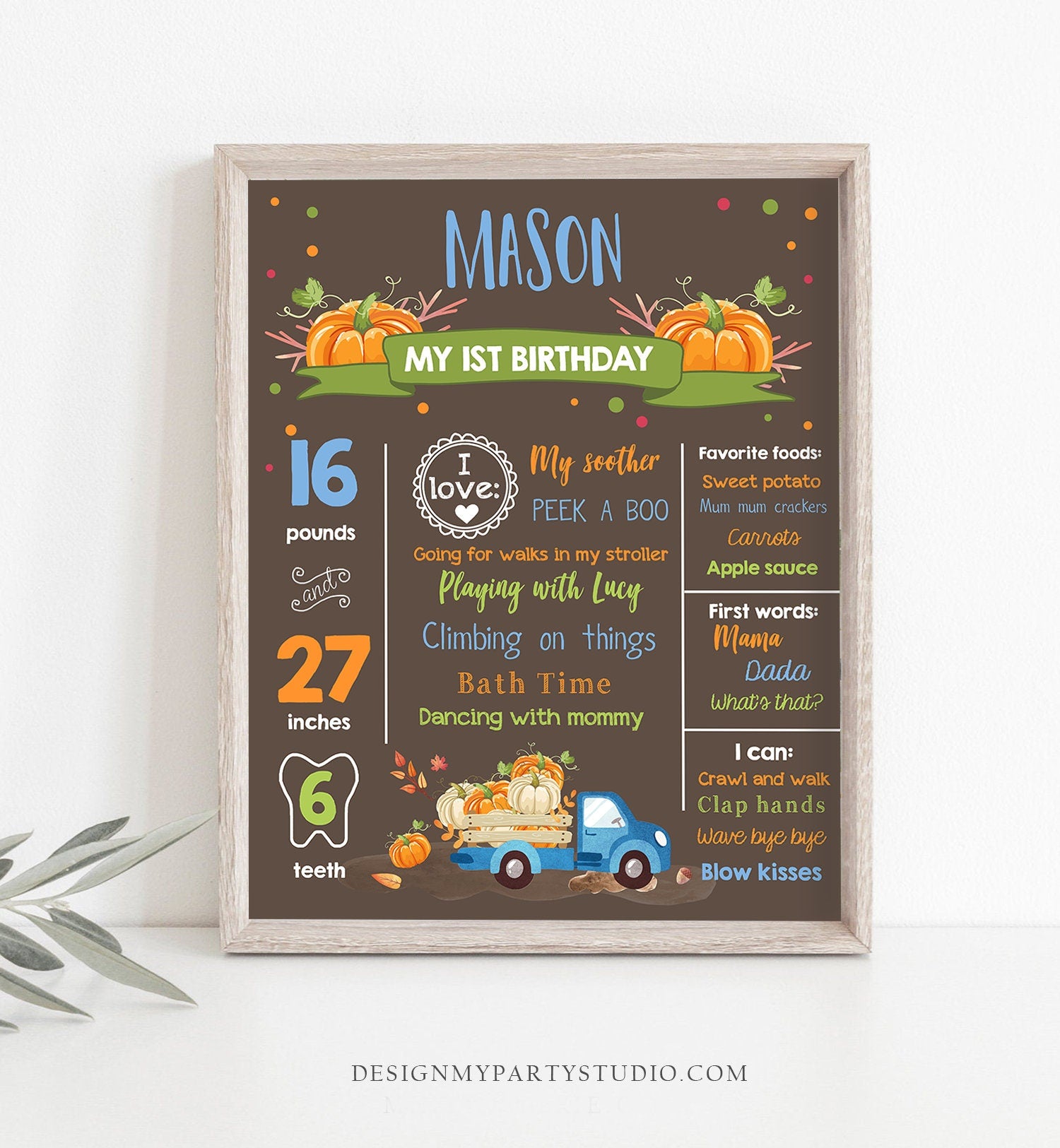 Editable Pumpkin Birthday Milestones Sign Pumpkin Truck Birthday First Birthday Boy Fall Blue Autumn Download Corjl Template Printable 0153