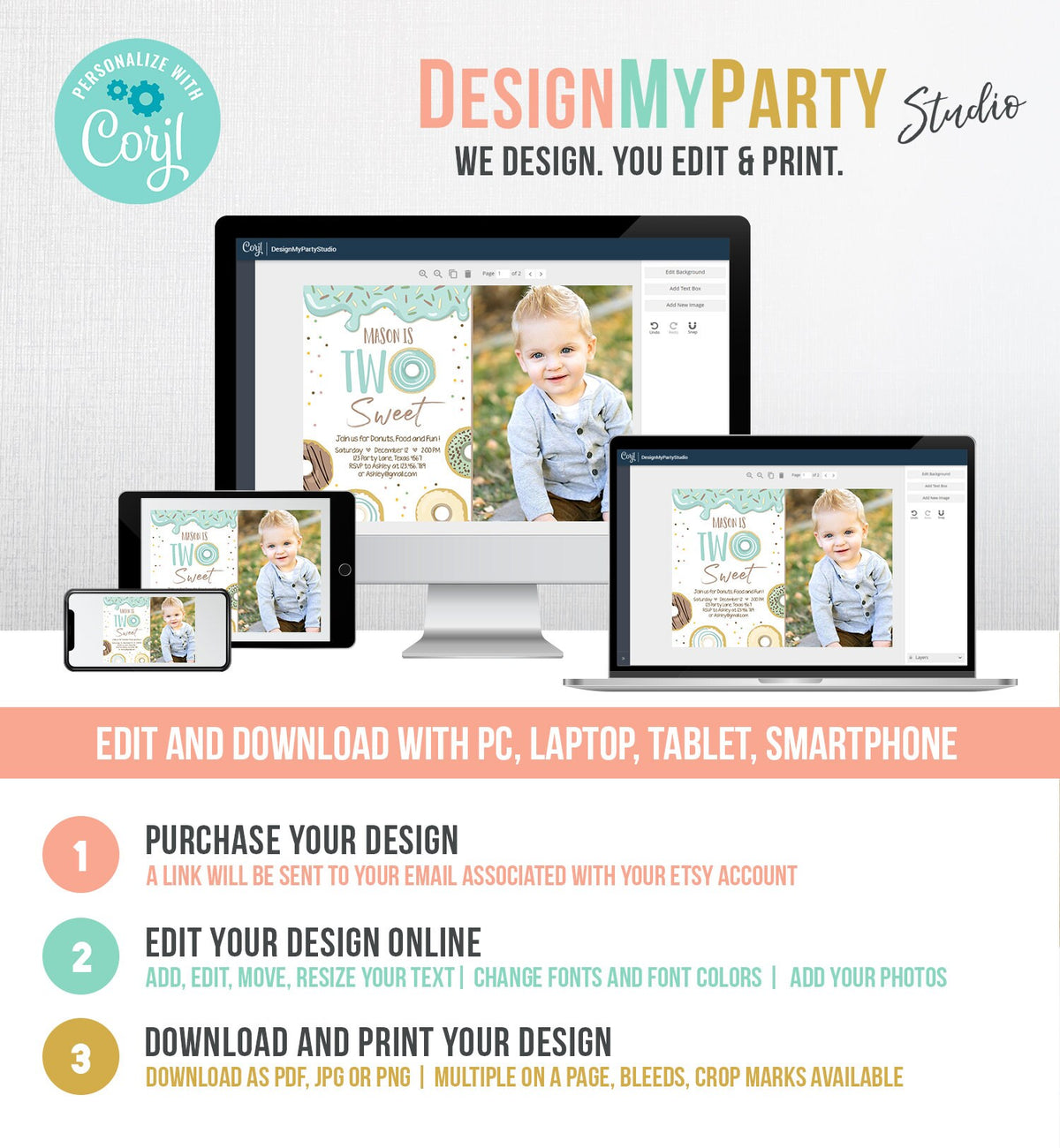 Editable Donut Two Sweet Birthday Invitation Second Birthday Party Blue Boy Doughnut 2nd Pastel Photo Download Printable Template Corjl 0050