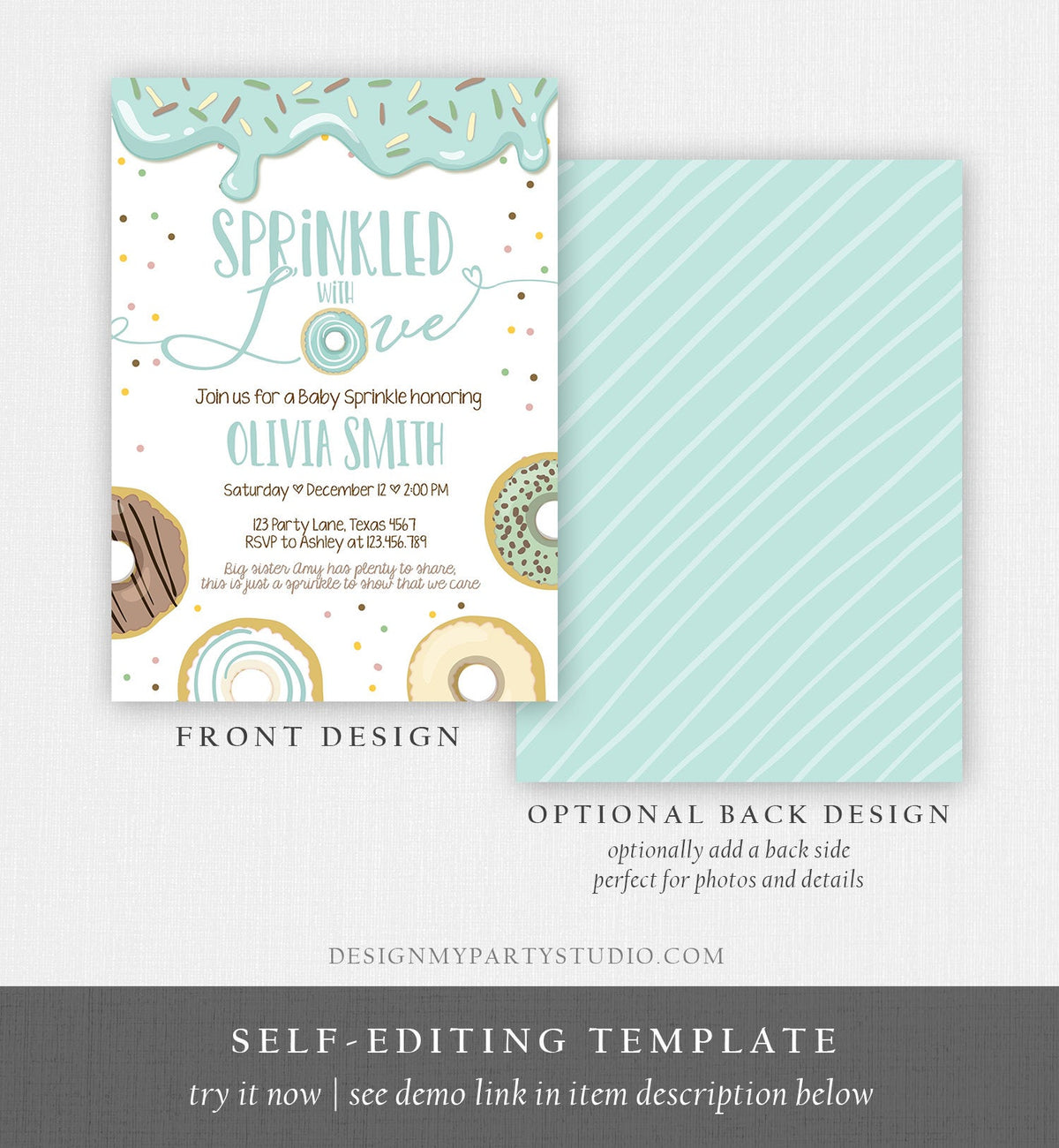 Editable Donut Sprinkled With Love Baby Shower Invitation Sprinkle Donut Diapers Coed Boy Blue Pastel Download Printable Corj Template 0320