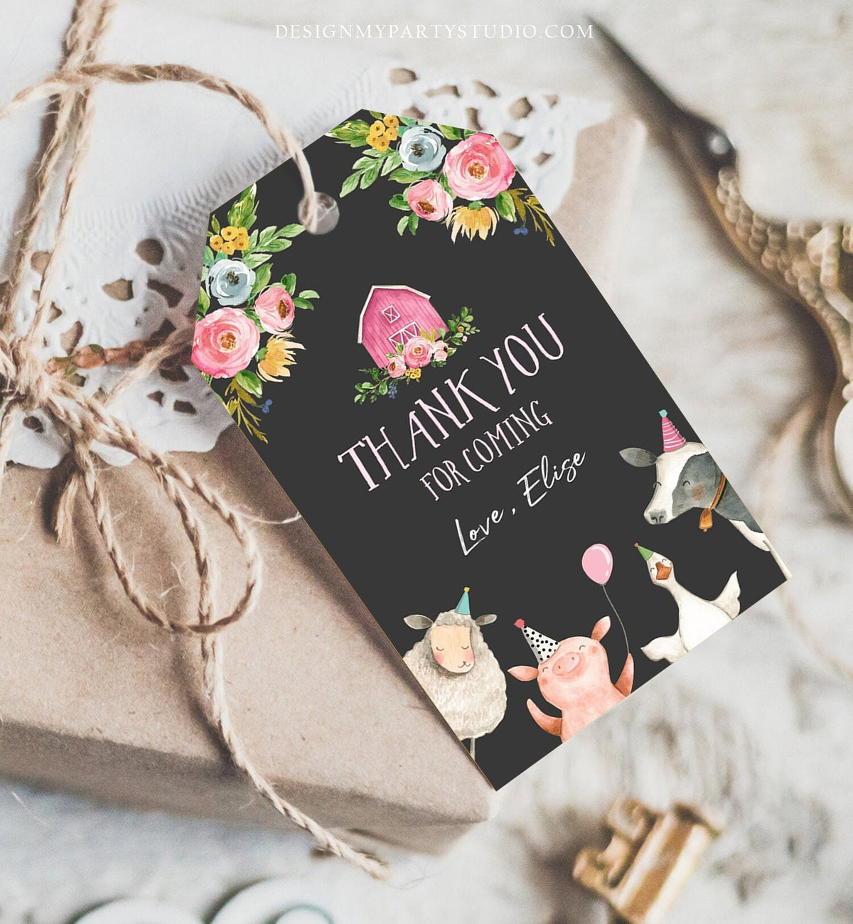 Editable Farm Favor Tags Tags Pink Farm Birthday Thank you tags Barnyard Gift Tags Girl Birthday Old McDonald Template PRINTABLE Corjl 0155