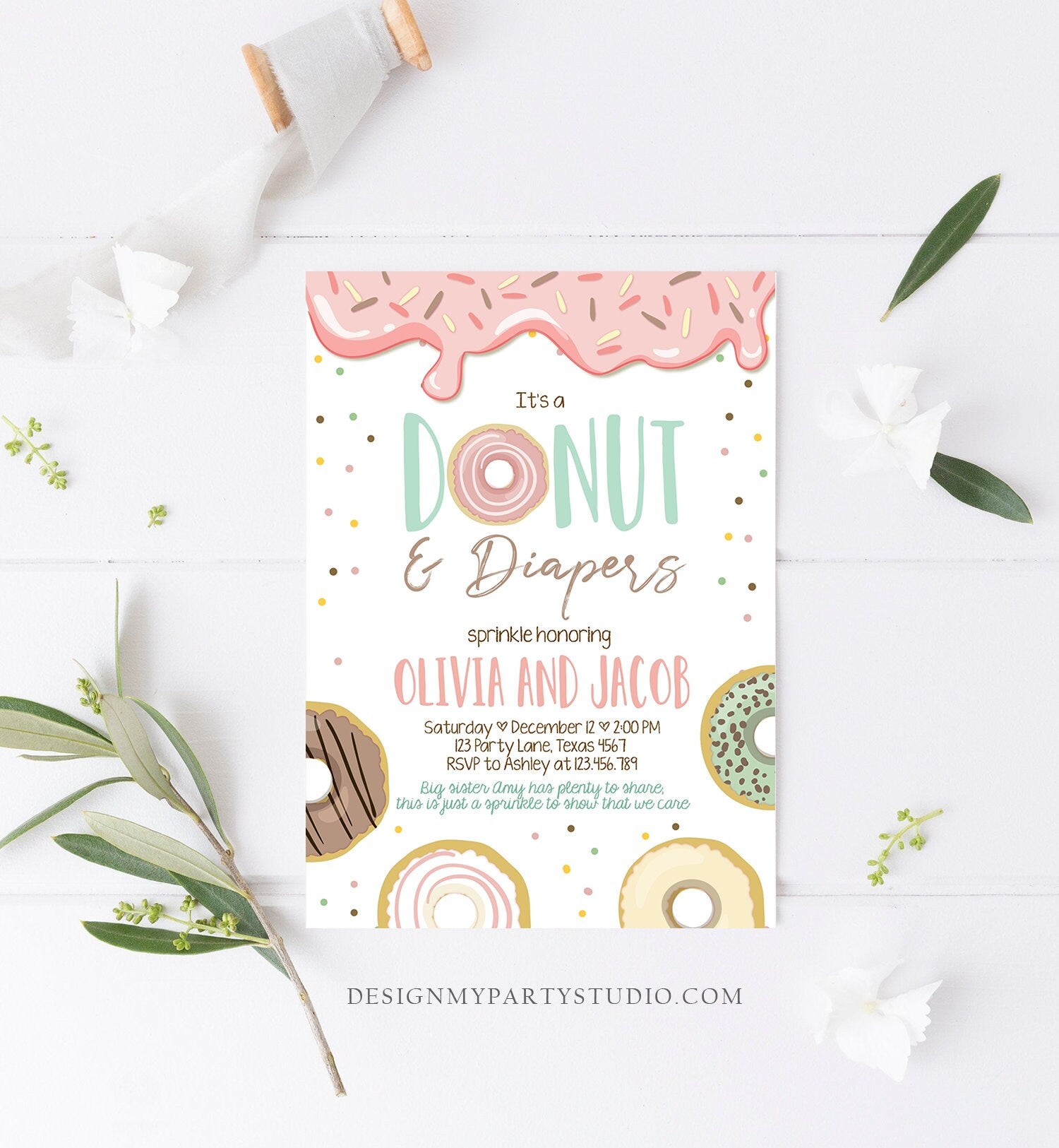 Editable Donut and Diapers Baby Shower Invitation Sprinkle Sprinkled With Love Coed Girl Pink Pastel Download Printable Corj Template 0320
