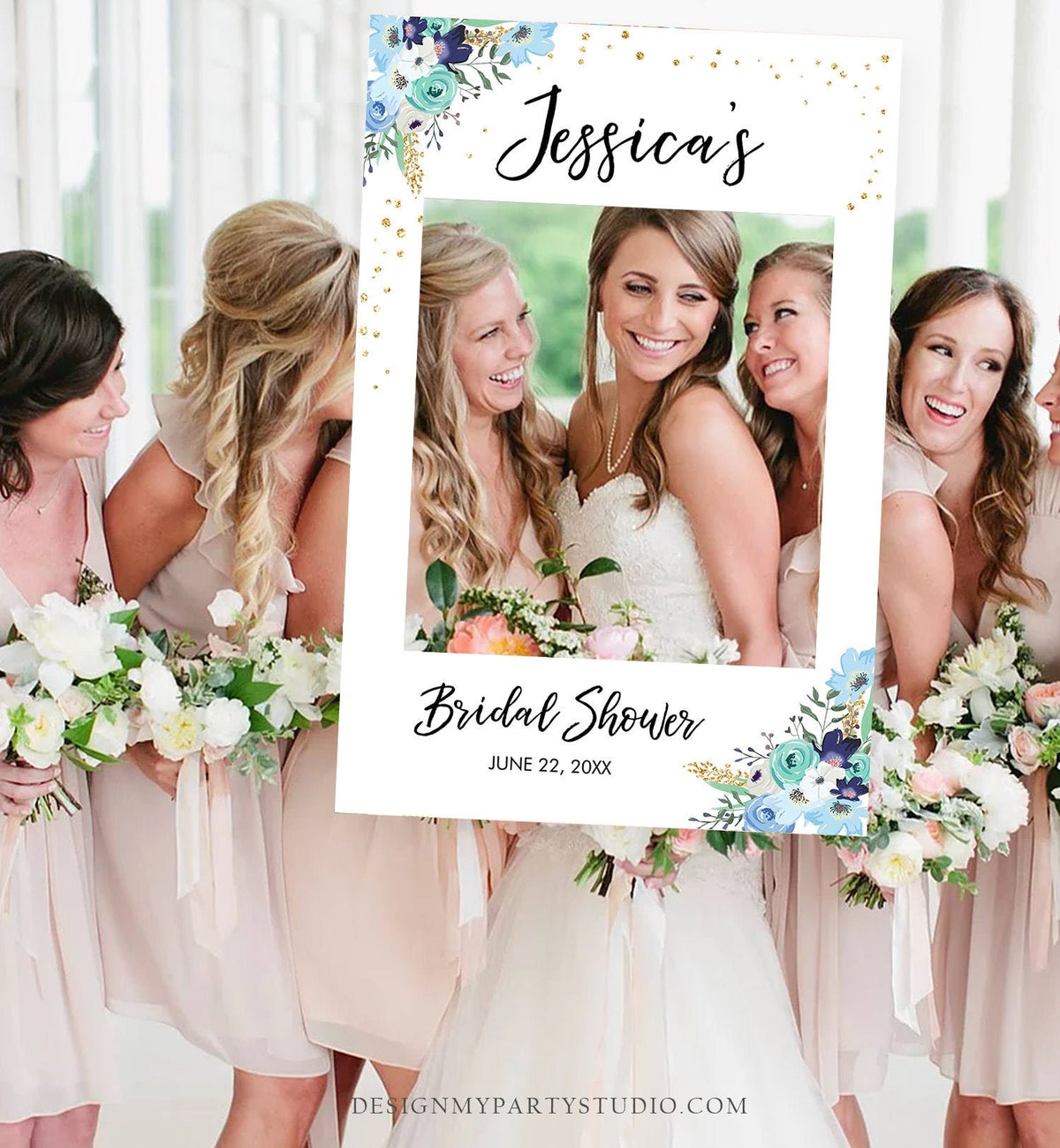 Editable Bridal Shower Photo Prop Blue Floral Bridal Shower Sign Photo Booth Frame Wedding Photo Prop Gold Corjl Template PRINTABLE 0030