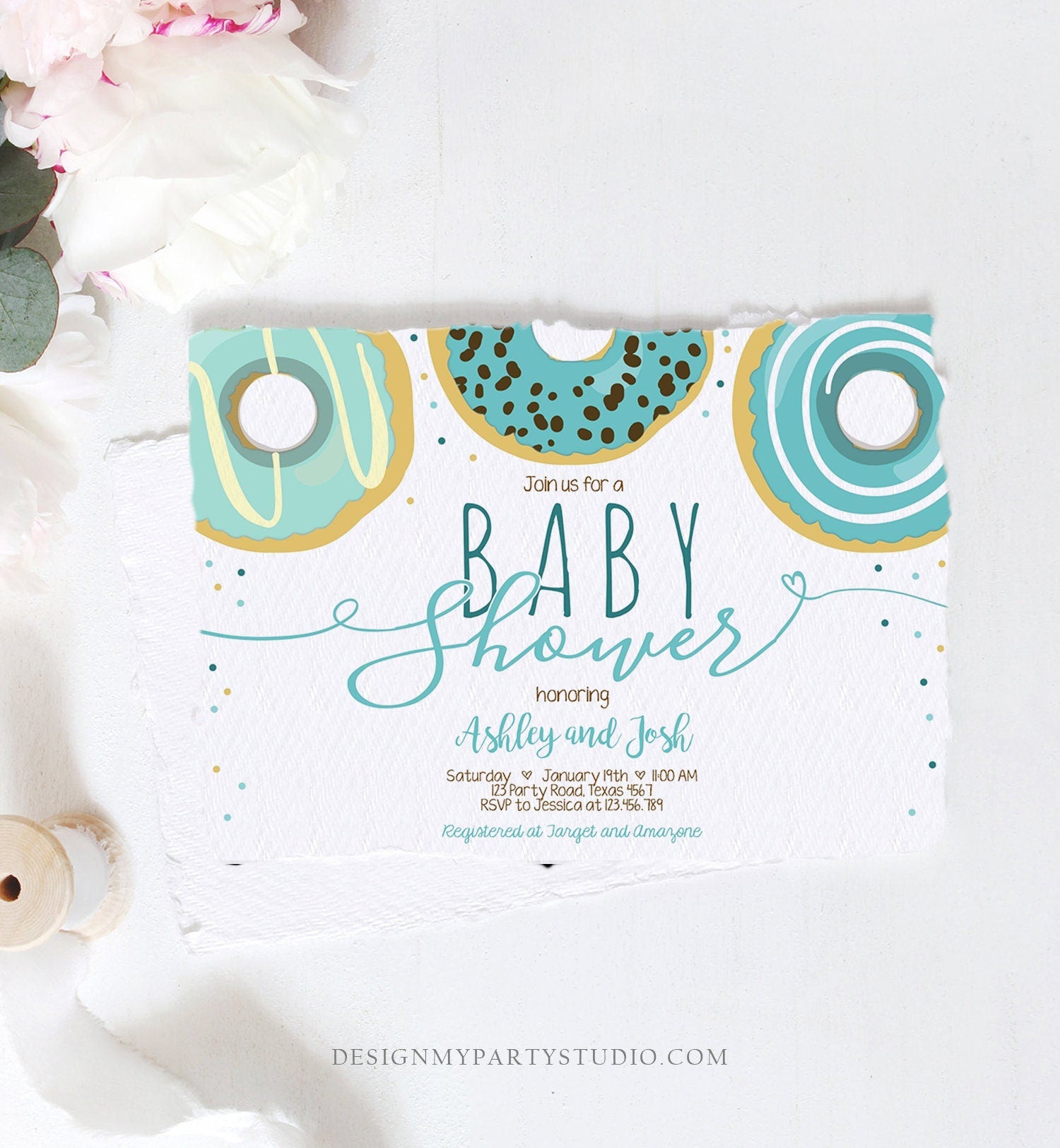 Editable Donut Baby Shower Invitation Sprinkle Sprinkled With Love Donut Diapers Coed Boy Blue Pastel Download Printable Corj Template 0050
