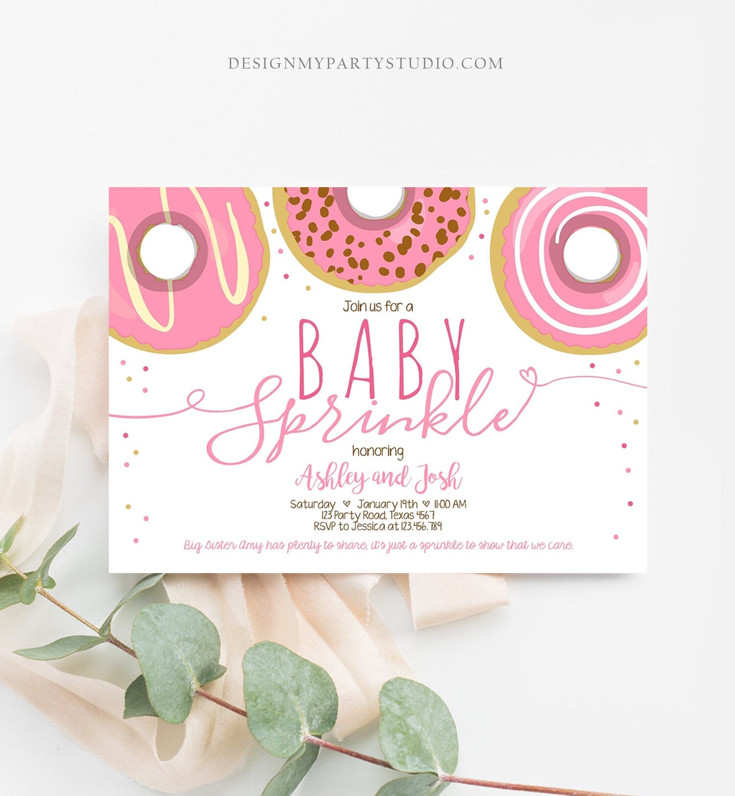 Editable Baby Sprinkle Baby Shower Invitation Sprinkled With Love Donut and Diapers Coed Girl Pink Download Printable Corj Template 0050