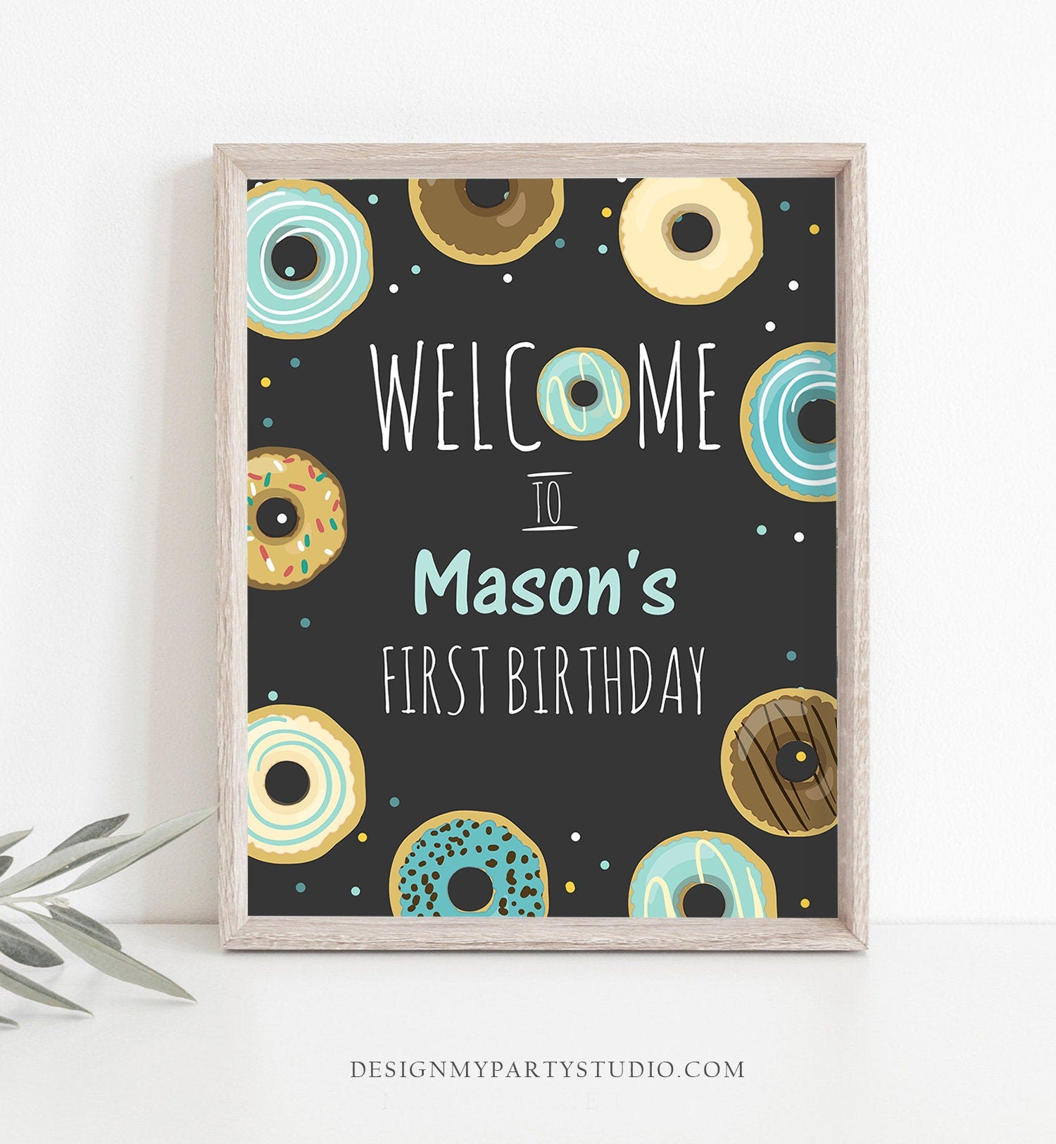 Editable Donut Welcome Sign Birthday Blue Boy Chalk Doughnut Baby Shower Table Sign Sprinkle Confetti Download Corjl Template Printable 0050