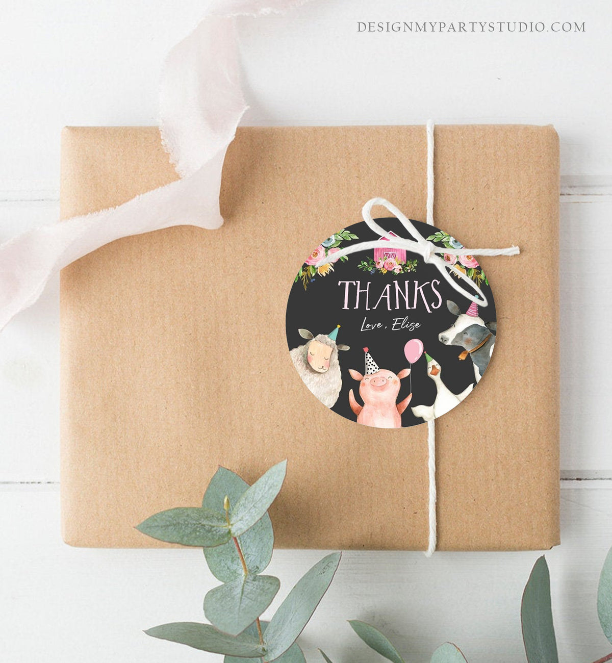 Editable Pink Farm Animals Thank you Tags Girl Birthday Barnyard Stickers Farm Birthday Decor Pink Favor Tags Cow Pig Template Corjl 0155