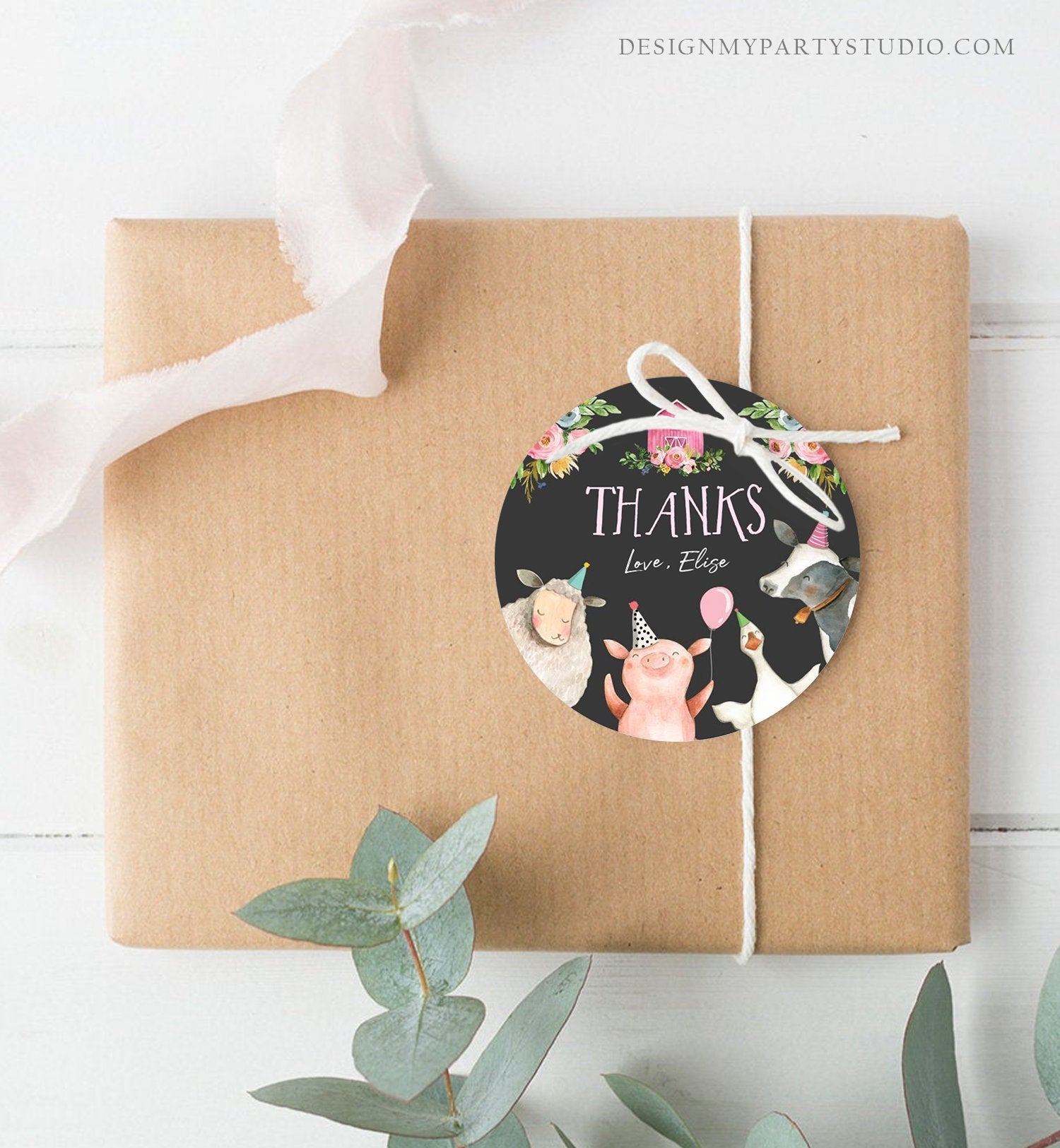 Editable Pink Farm Animals Thank you Tags Girl Birthday Barnyard Stickers Farm Birthday Decor Pink Favor Tags Cow Pig Template Corjl 0155