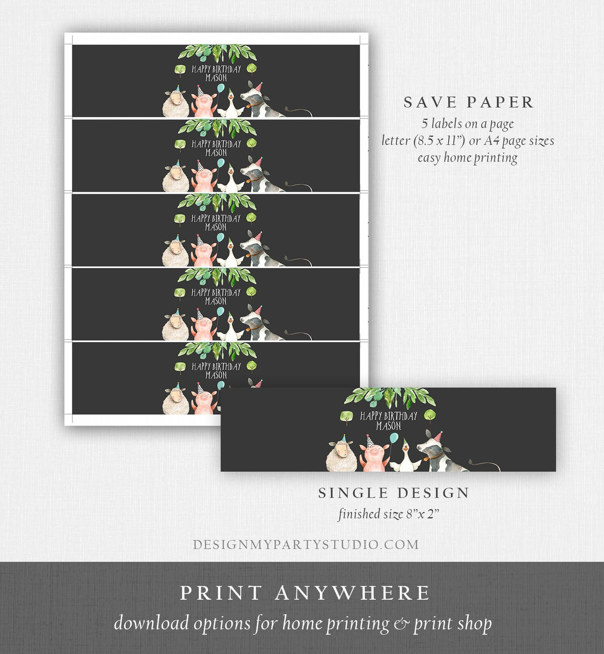 Editable Water Bottle Labels Farm Animals Boy Birthday Barnyard Farm Birthday Decor Cow Pig Printable Bottle Labels Template Corjl 0155