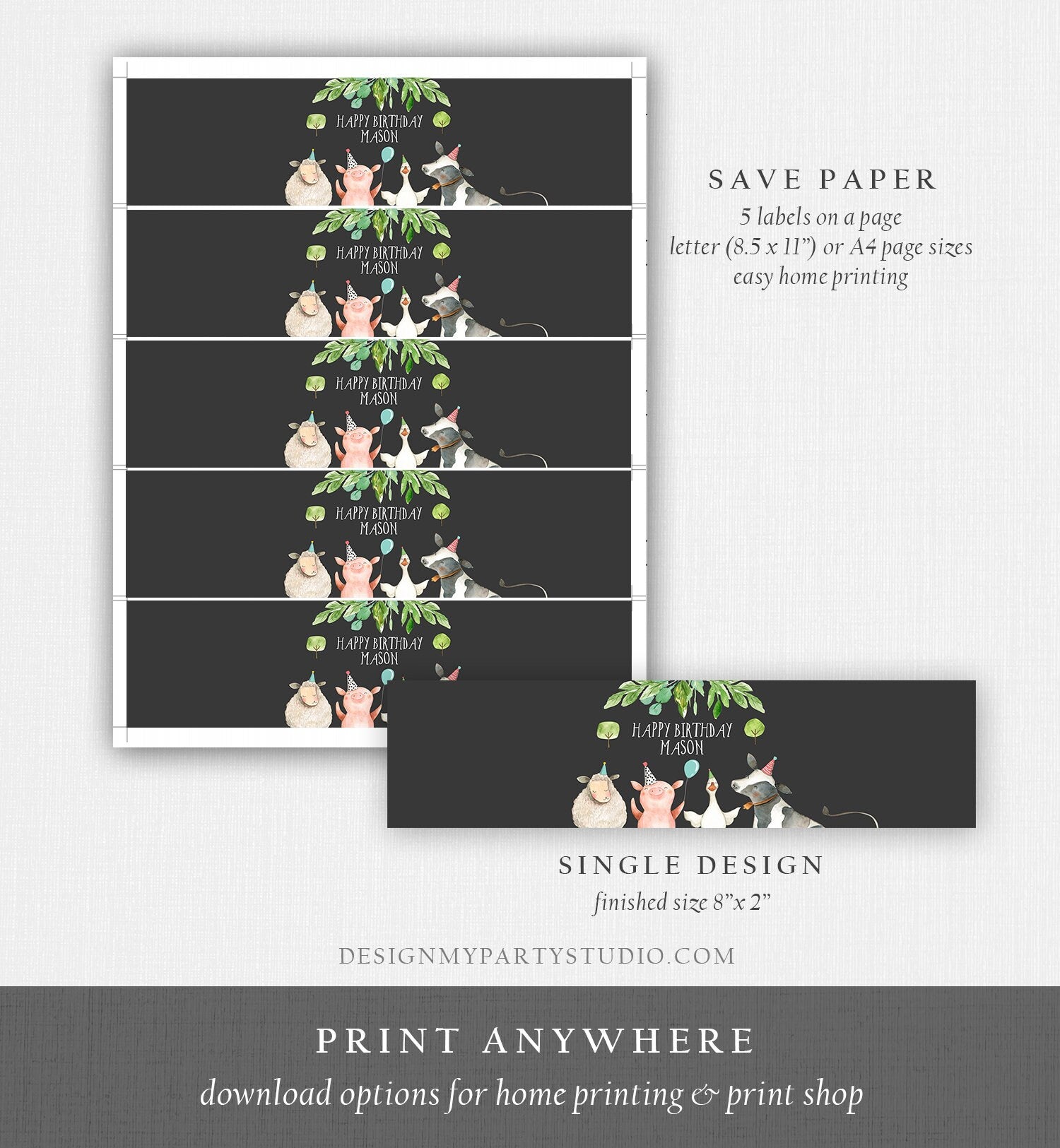 Editable Water Bottle Labels Farm Animals Boy Birthday Barnyard Farm Birthday Decor Cow Pig Printable Bottle Labels Template Corjl 0155