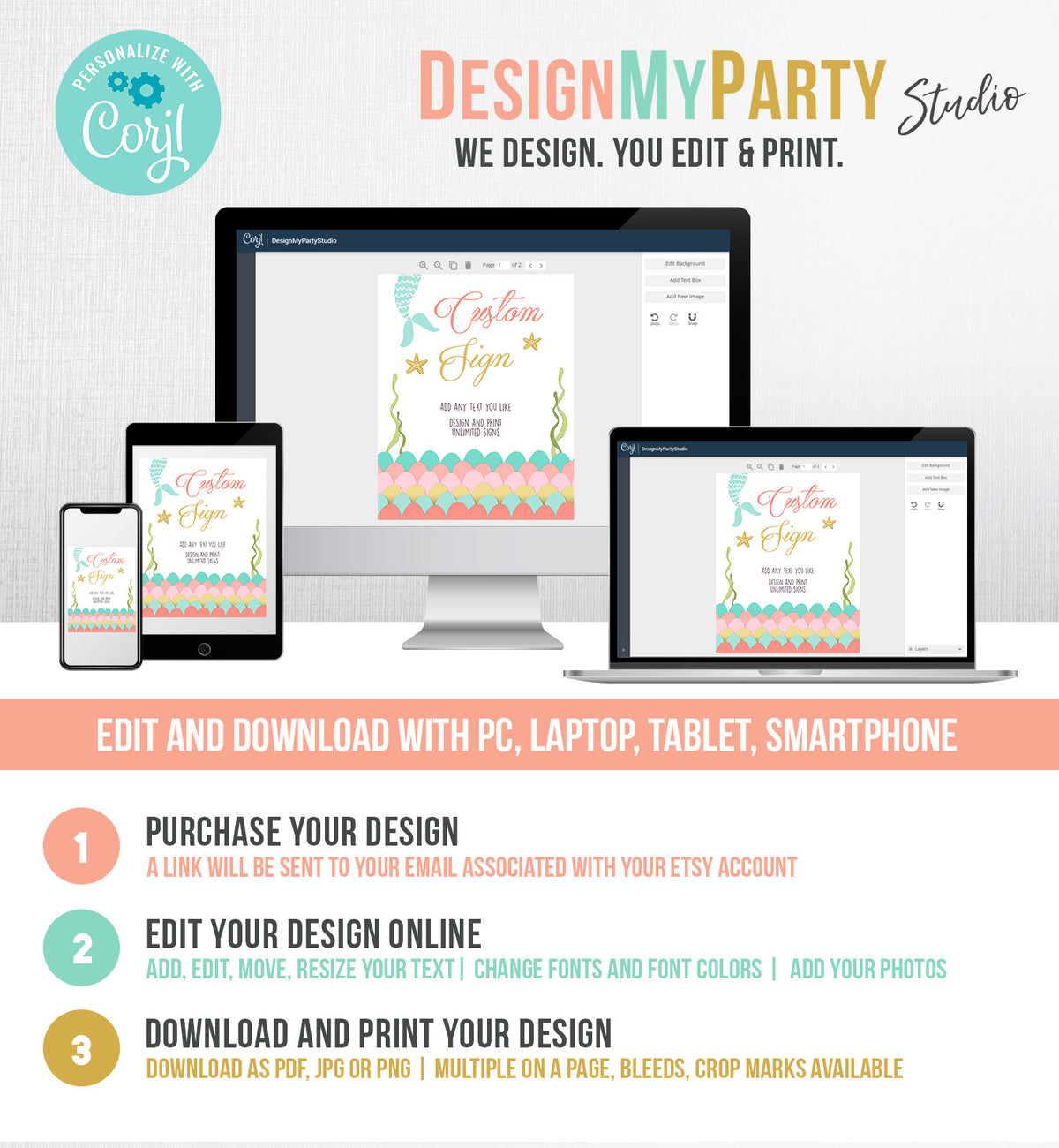 Editable Custom Sign Mermaid Birthday Decor Mermaid Tale Table Sign Girl Birthday Pink Gold Coral Mint 8x10 Download PRINTABLE Corjl 0021