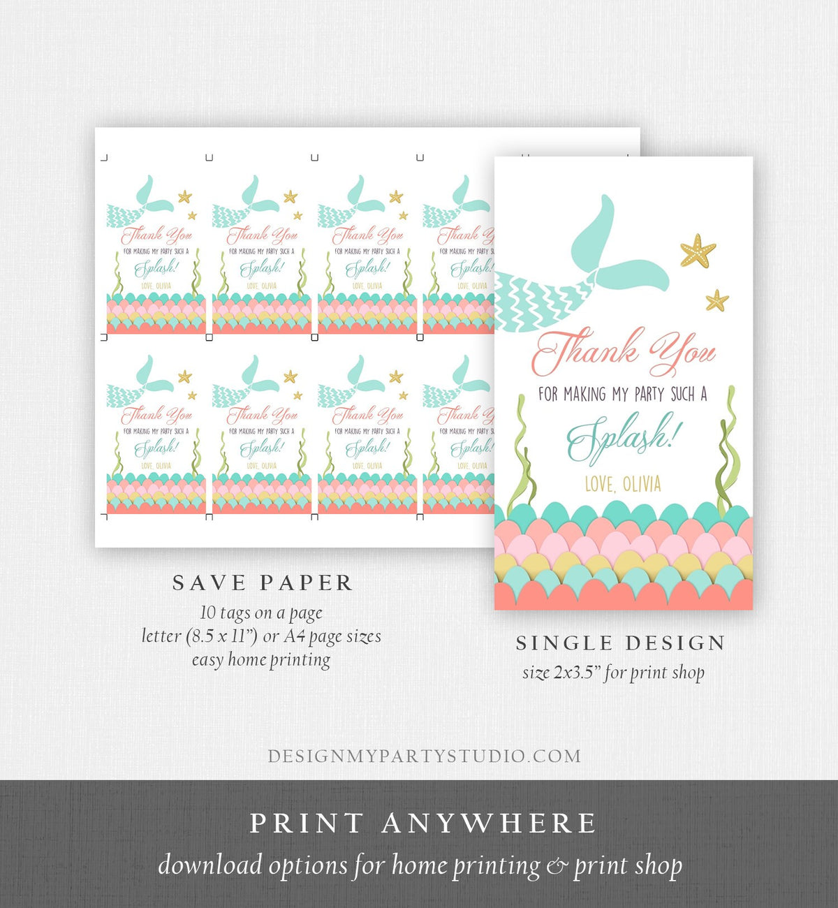 Editable Mermaid Favor Tags Mermaid Thank You Tags Splash Girl Mermaid Gift Tags Pink Instant Digital Download Template Corjl Printable 0021