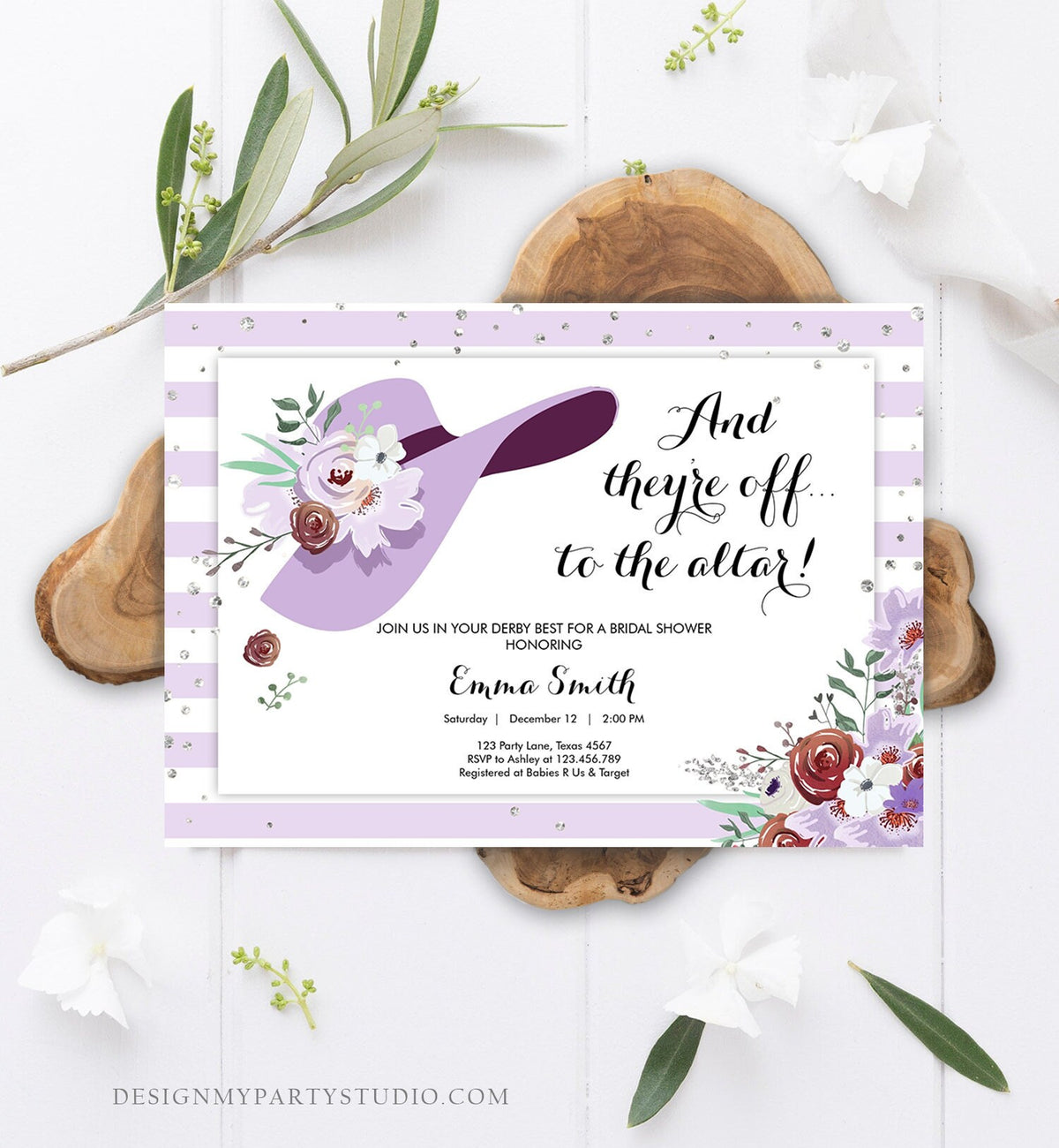 Editable Bridal Shower Invitation Derby Wear a Hat Horse races Floral Flowers Lavender Silver Glitter Download Printable Template Corjl 0249
