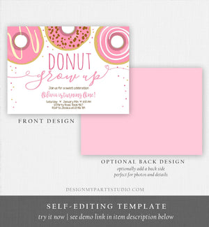 Editable Donut Grow Up Birthday Invitation First Birthday Party Girl Pink Doughnut 1st Pastel Photo Download Printable Template Corjl 0050