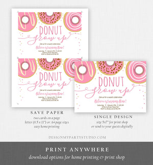 Editable Donut Grow Up Birthday Invitation First Birthday Party Girl Pink Doughnut 1st Pastel Photo Download Printable Template Corjl 0050