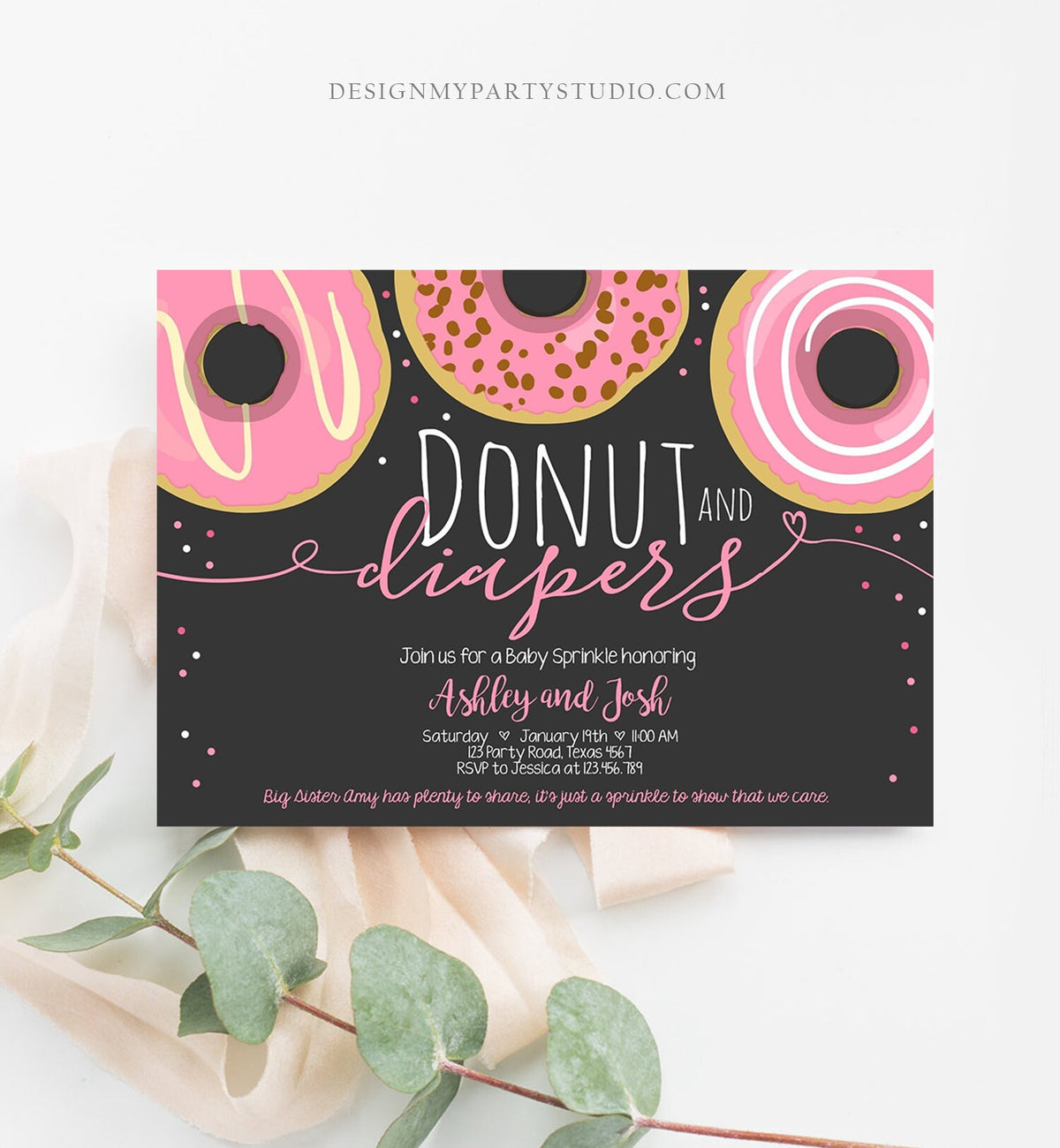 Editable Donut and Diapers Baby Shower Invitation Sprinkle Sprinkled With Love Coed Girl Pink Pastel Download Printable Corj Template 0050