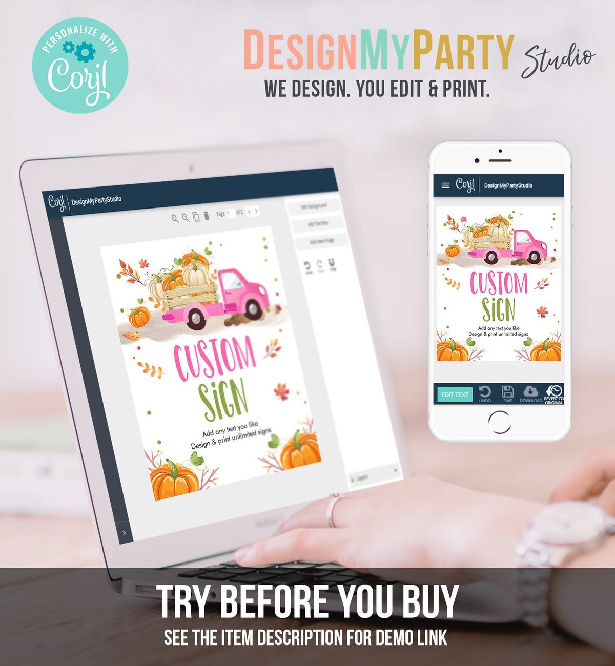 Editable Custom Sign Pumpkin Pink Truck Table Sign Pumpkin Fall Decor 1st Birthday Girl Pumpkin Party 8x10 Download PRINTABLE Corjl 0153