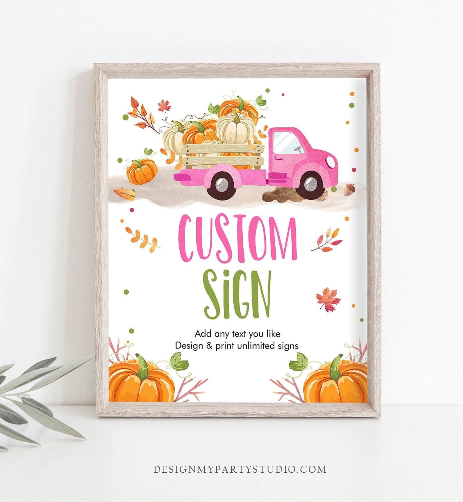 Editable Custom Sign Pumpkin Pink Truck Table Sign Pumpkin Fall Decor 1st Birthday Girl Pumpkin Party 8x10 Download PRINTABLE Corjl 0153