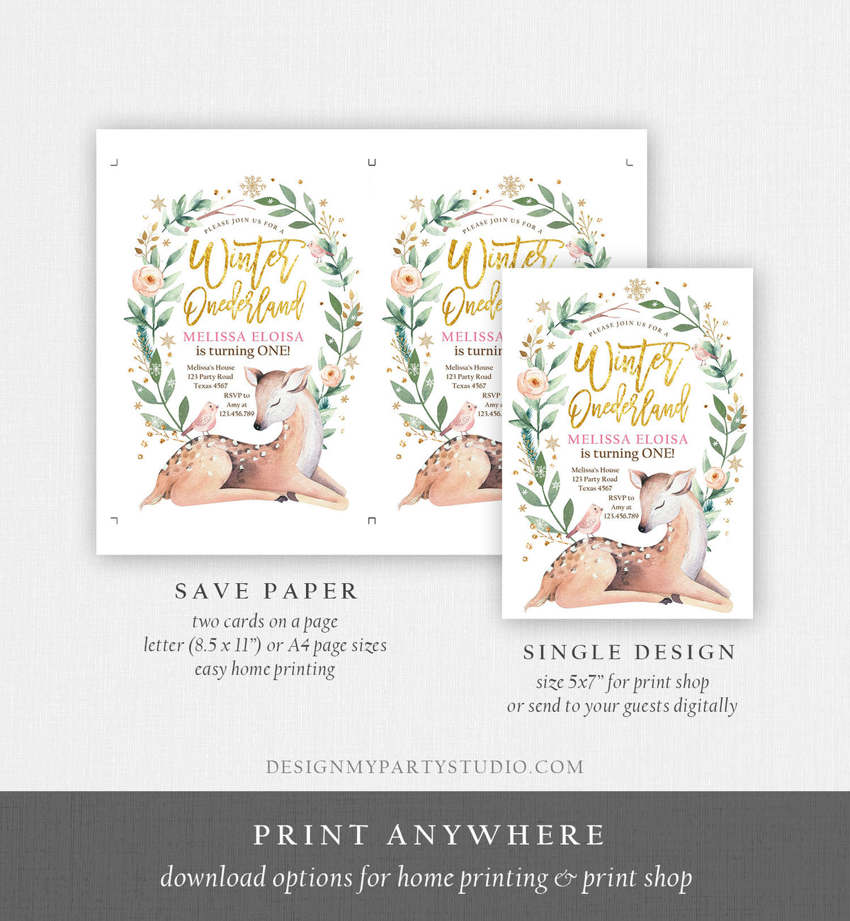 Editable Winter ONEderland Birthday Invitation Deer First Birthday Snowflakes Girl Pink Gold Foil Printable Invitation Template Corjl 0265