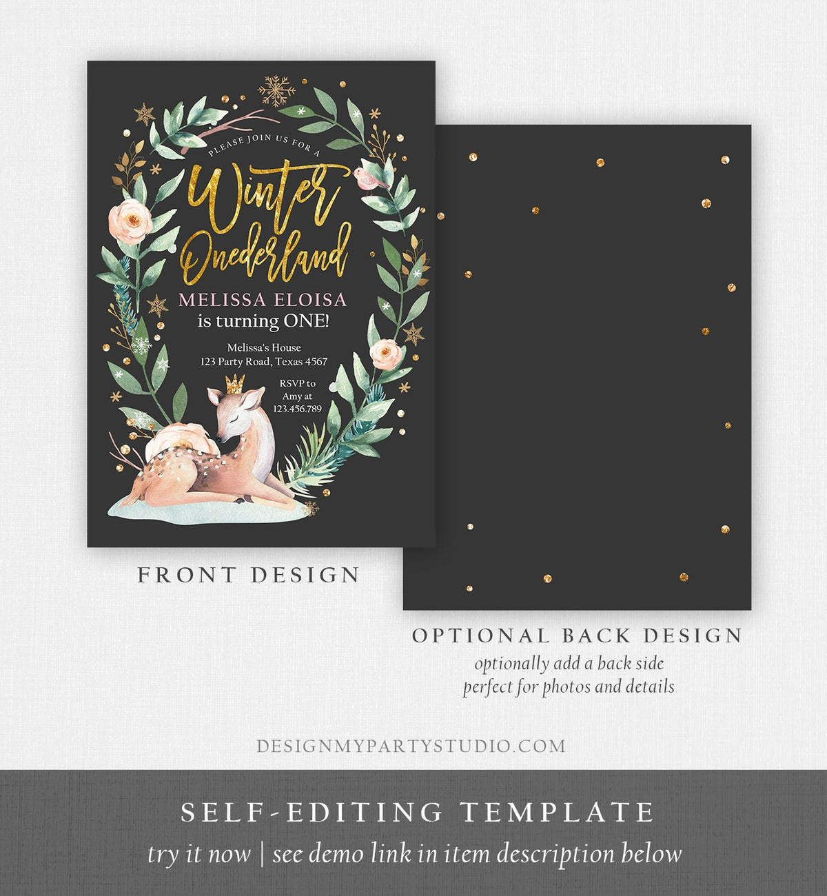 Editable Winter ONEderland Birthday Invitation Deer First Birthday Snowflakes Girl Pink Gold Foil Printable Invitation Template Corjl 0265