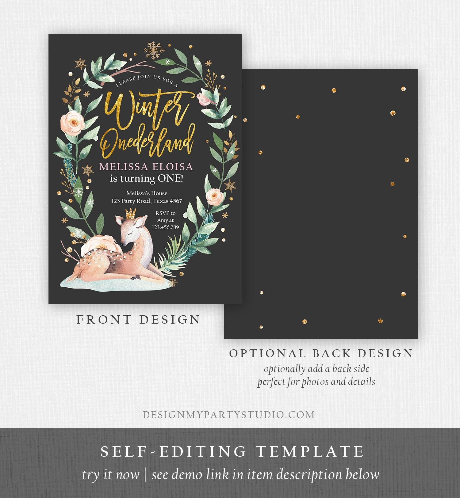 Editable Winter ONEderland Birthday Invitation Deer First Birthday Snowflakes Girl Pink Gold Foil Printable Invitation Template Corjl 0265