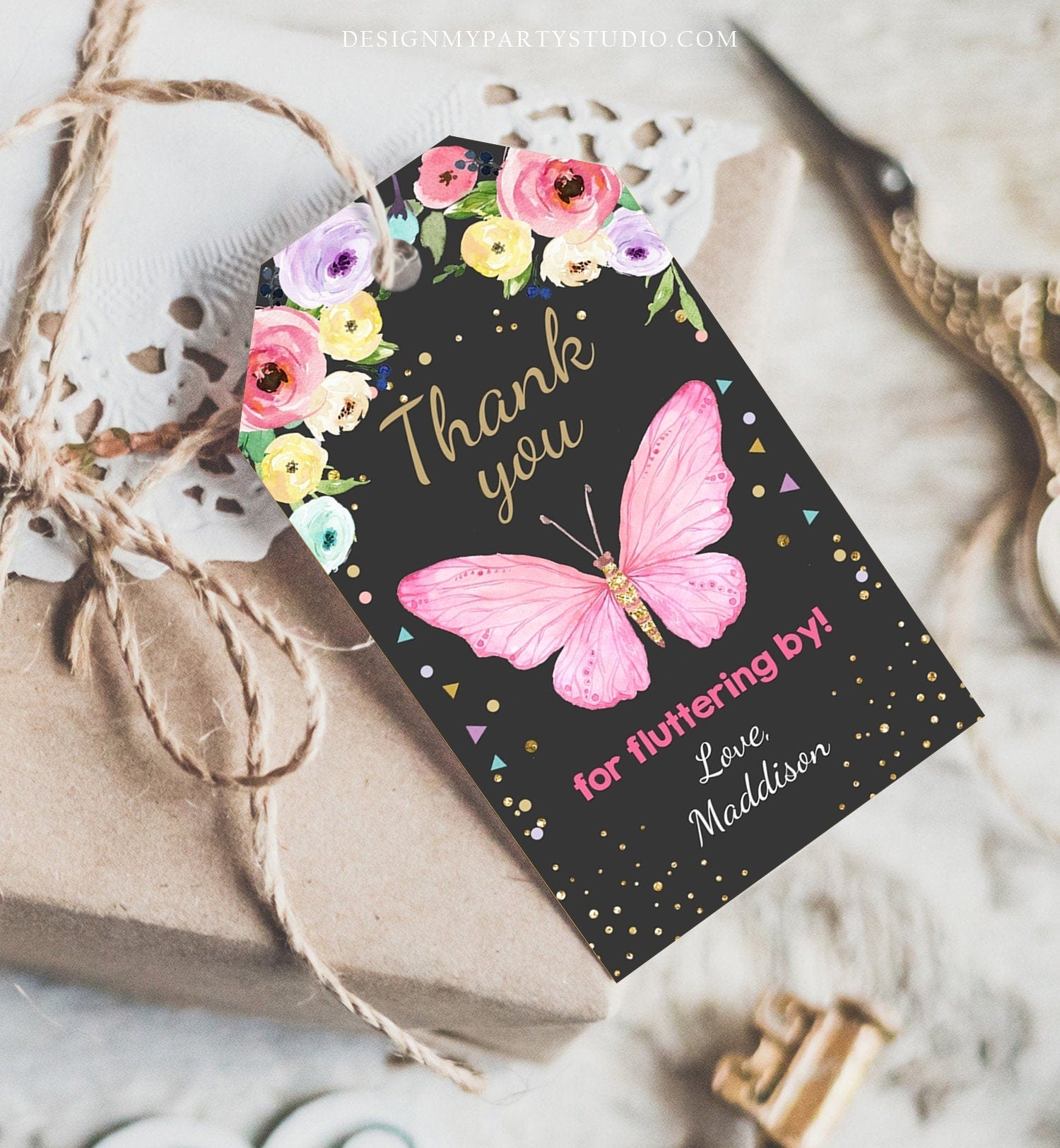 Editable Butterfly Favor Tags Butterfly Birthday Thank you tags Garden Shower Pink Gold Girl Fluttering By Floral Template PRINTABLE 0162