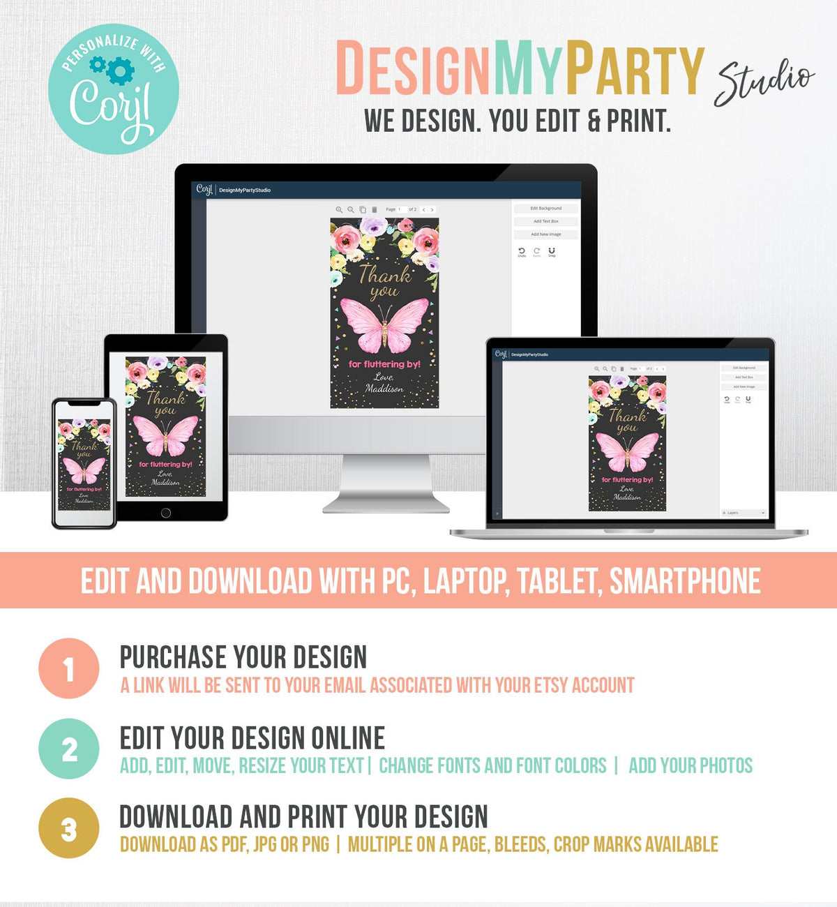 Editable Butterfly Favor Tags Butterfly Birthday Thank you tags Garden Shower Pink Gold Girl Fluttering By Floral Template PRINTABLE 0162