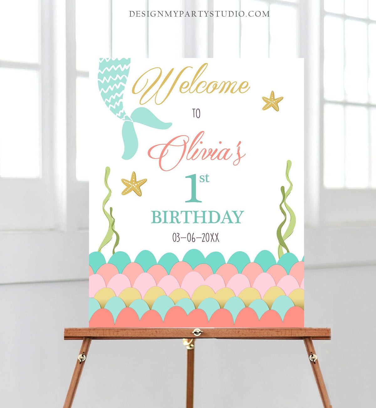 Editable Mermaid Birthday Welcome Sign Girl Mermaid Birthday Welcome Sign Under The Sea Coral Mermaid Tail Template Corjl PRINTABLE 0021