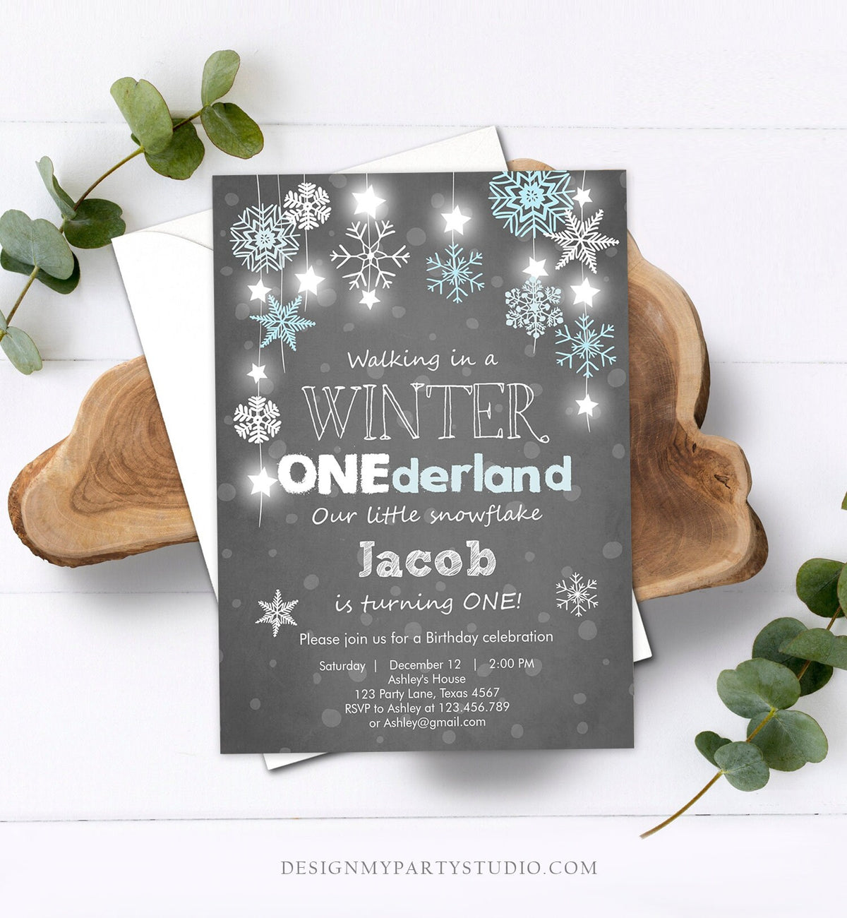Editable ANY AGE Winter ONEderland Birthday Invitation Boy First Birthday Snowflake Stars Download Printable Invitation Template Corjl 0057