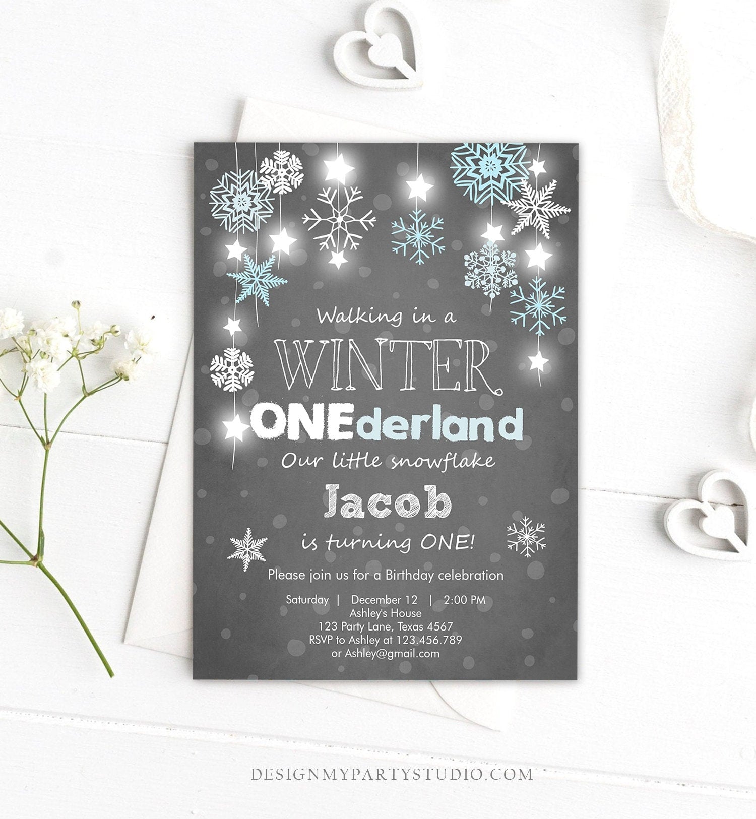 Editable ANY AGE Winter ONEderland Birthday Invitation Boy First Birthday Snowflake Stars Download Printable Invitation Template Corjl 0057