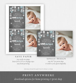 Editable ANY AGE Winter ONEderland Birthday Invitation Boy First Birthday Snowflake Stars Download Printable Invitation Template Corjl 0057
