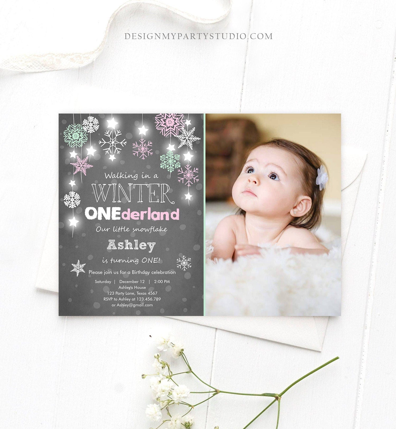 Editable ANY AGE Winter ONEderland Birthday Invitation First Birthday Snowflake Girl Instant Download Printable Invite Template Corjl 0057