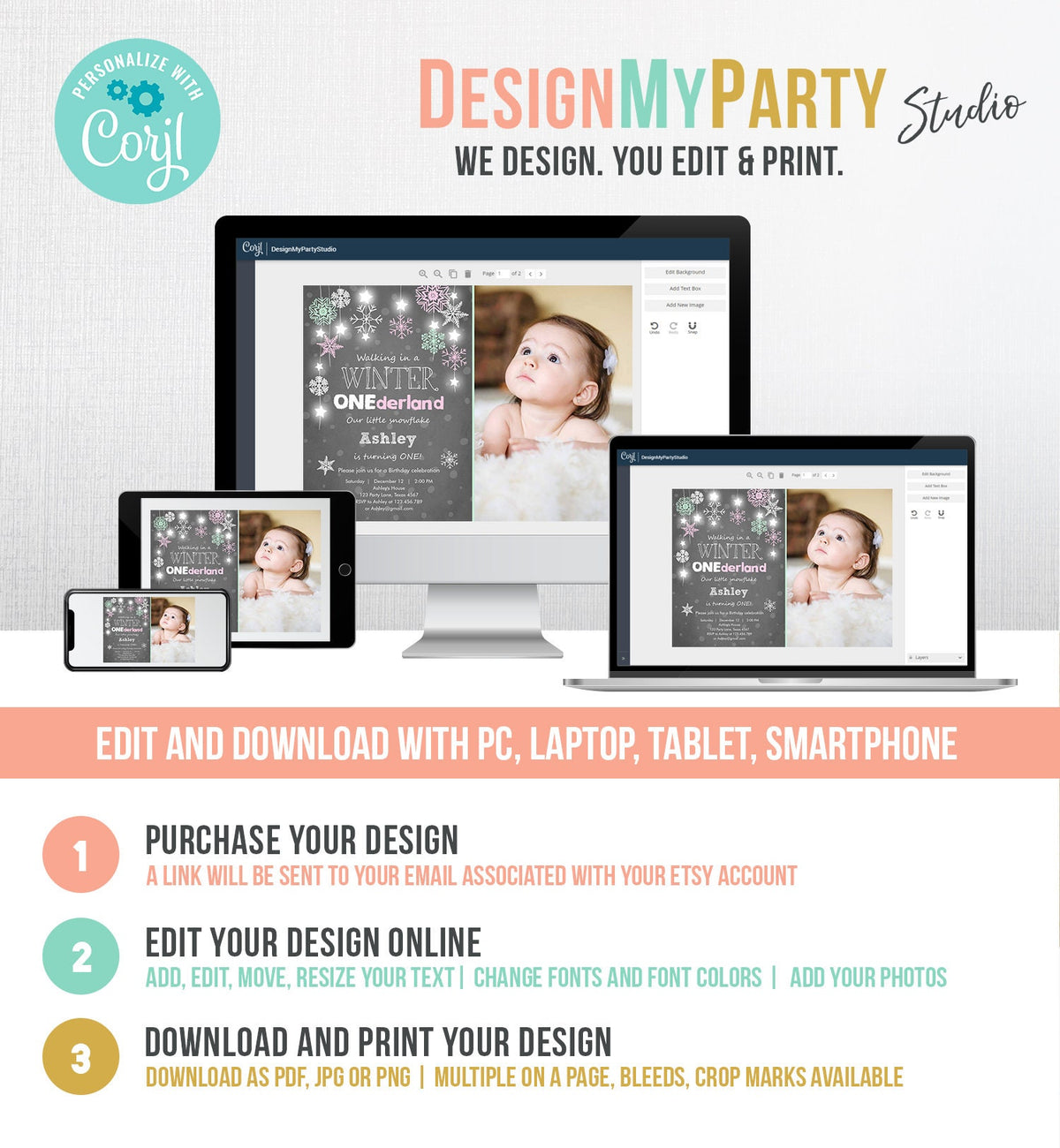 Editable ANY AGE Winter ONEderland Birthday Invitation First Birthday Snowflake Girl Instant Download Printable Invite Template Corjl 0057