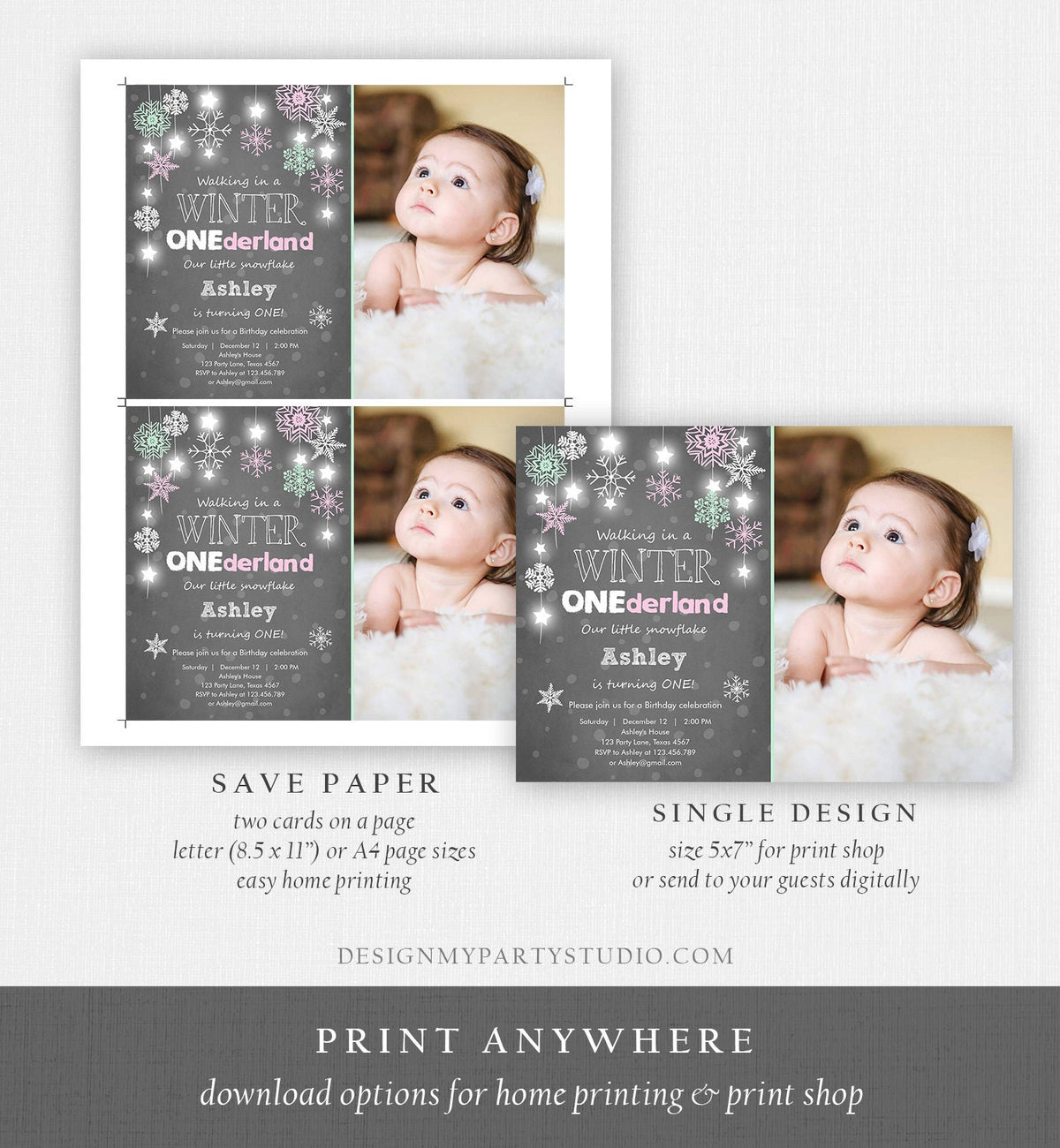 Editable ANY AGE Winter ONEderland Birthday Invitation First Birthday Snowflake Girl Instant Download Printable Invite Template Corjl 0057