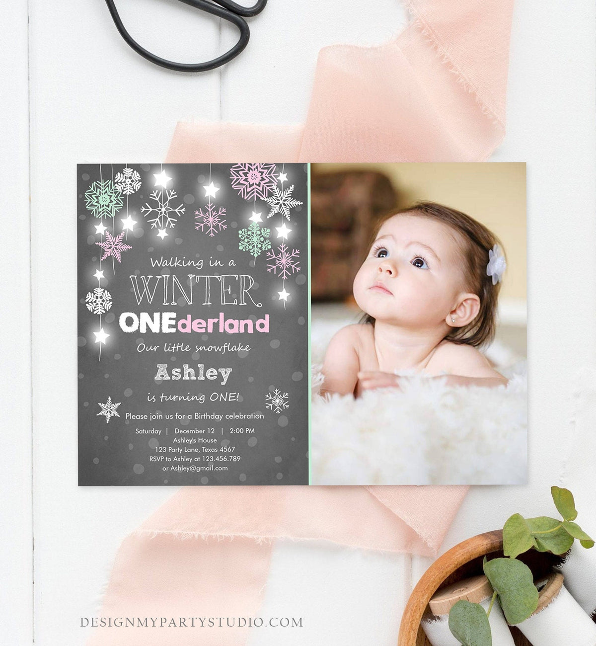 Editable ANY AGE Winter ONEderland Birthday Invitation First Birthday Snowflake Girl Instant Download Printable Invite Template Corjl 0057