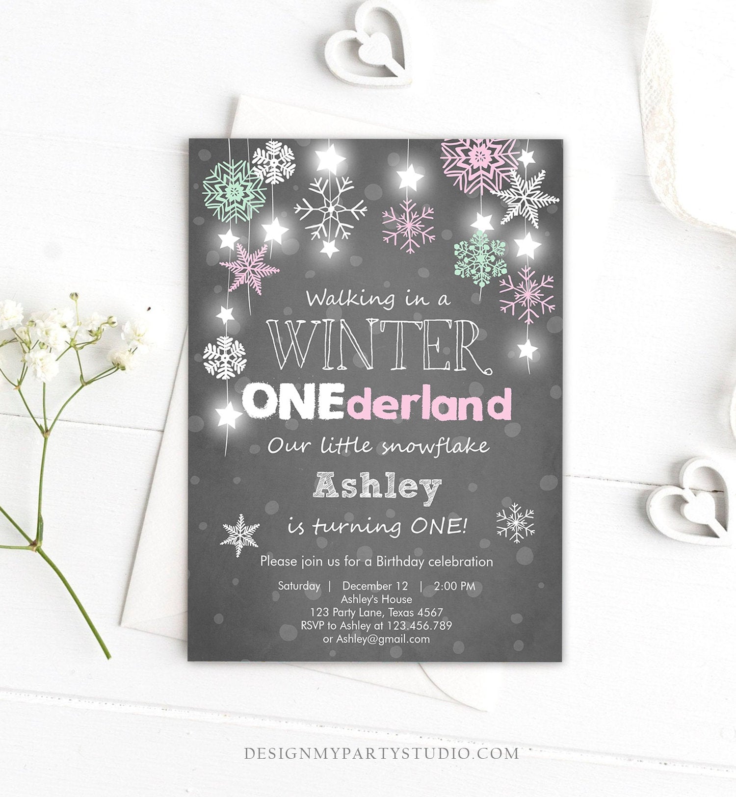 Editable ANY AGE Winter ONEderland Birthday Invitation First Birthday Snowflake Girl Instant Download Printable Invite Template Corjl 0057