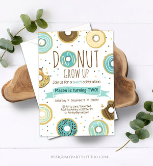 Editable Donut Grow Up Birthday Invitation First Birthday Party Blue Boy Doughnut 1st Pastel Instant Download Printable Template Corjl 0050