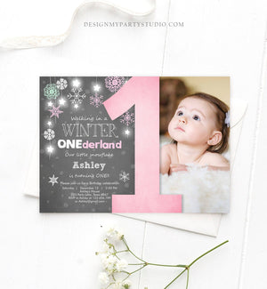 Editable Winter ONEderland Birthday Invitation Pink Girl First Birthday Snowflake Girl Instant Download Printable Invite Template Corjl 0057